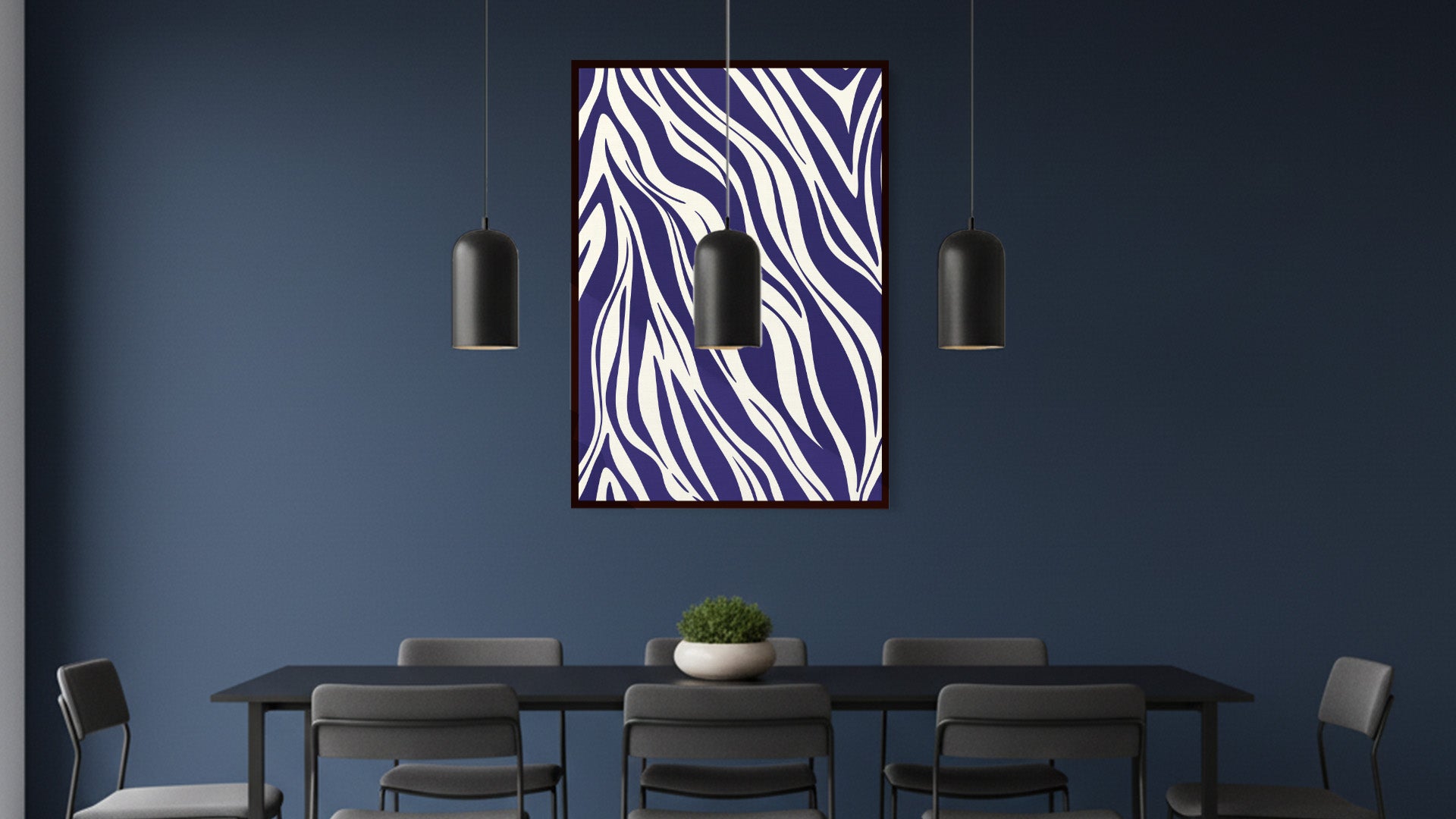 Paloma navy geometric wall art in modern room setting - bold abstract pattern creating statement luxury piece for contemporary home decor