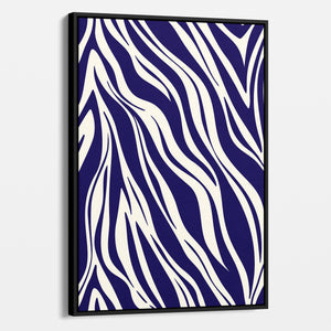 Framed Paloma navy abstract wall art angled view showing frame depth - dynamic geometric pattern with organic flow in purple tone