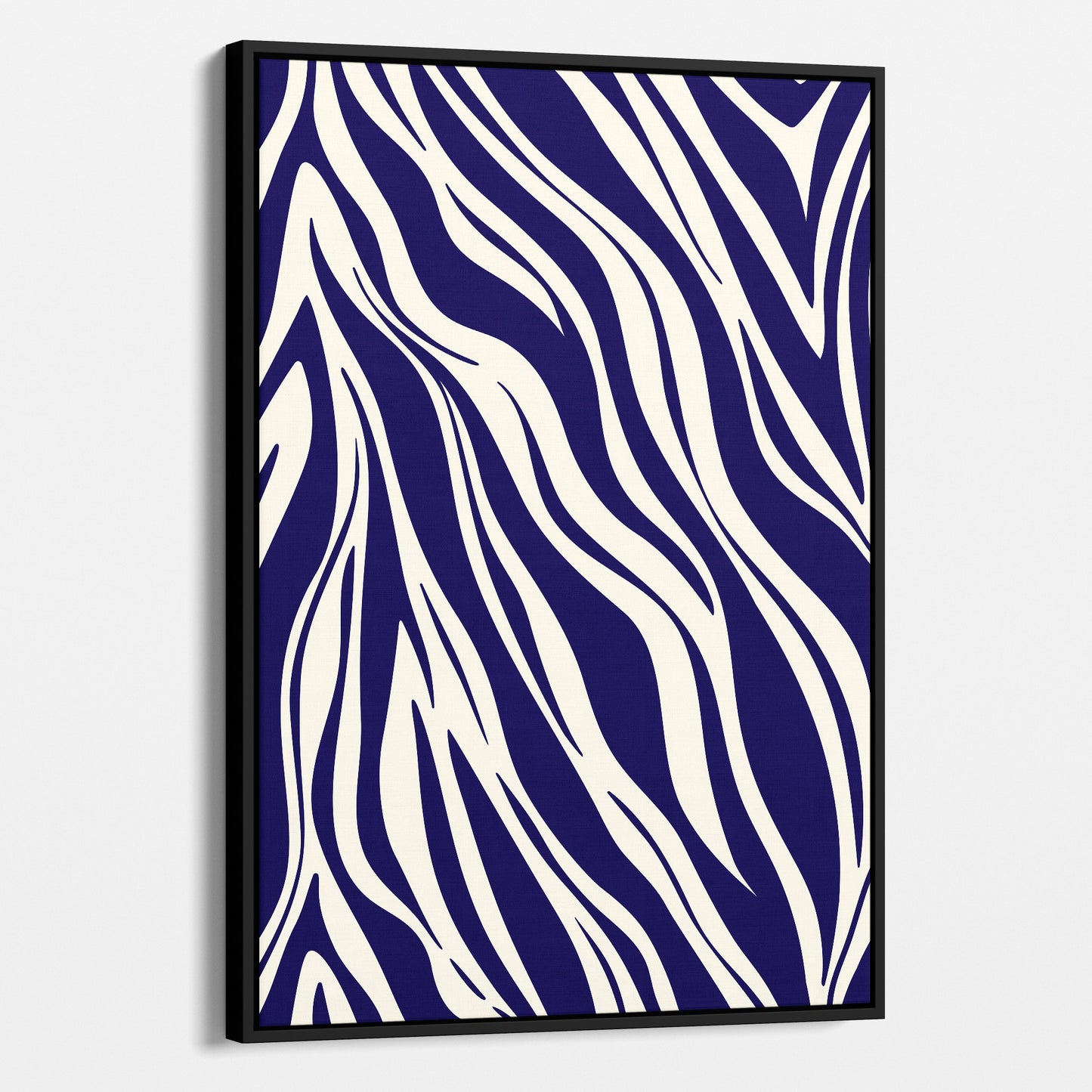 Framed Paloma navy abstract wall art angled view showing frame depth - dynamic geometric pattern with organic flow in purple tone