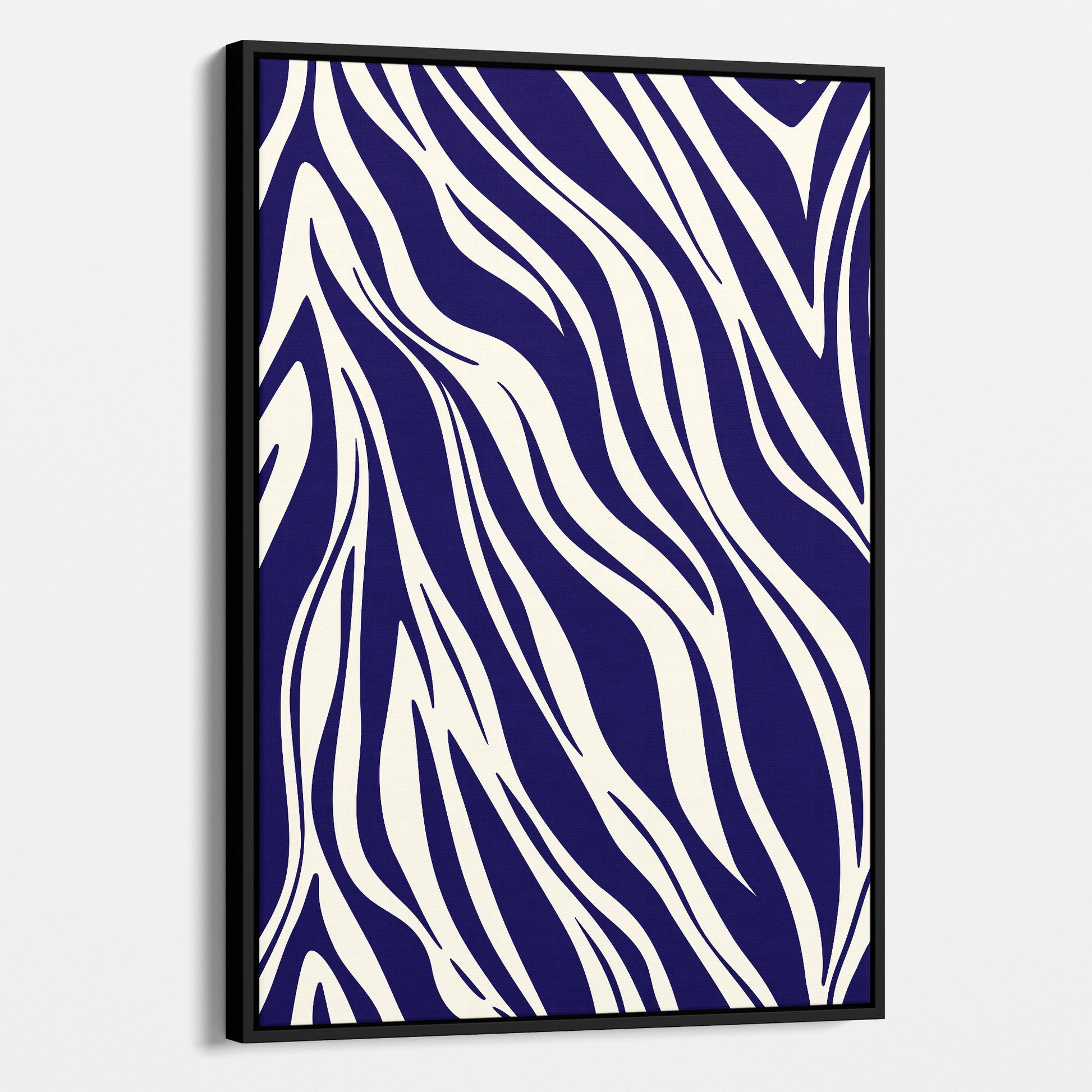 Framed Paloma navy abstract wall art angled view showing frame depth - dynamic geometric pattern with organic flow in purple tone