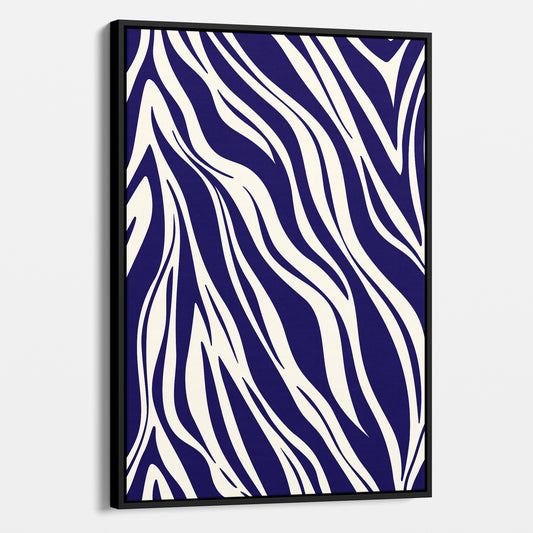 Framed Paloma navy abstract wall art angled view showing frame depth - dynamic geometric pattern with organic flow in purple tone