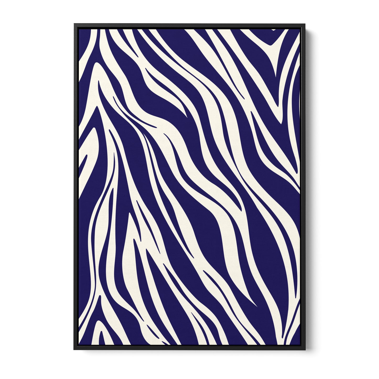 Paloma navy geometric wall art - bold abstract zebra-like pattern with sweeping curves in navy and cream, framed print front view