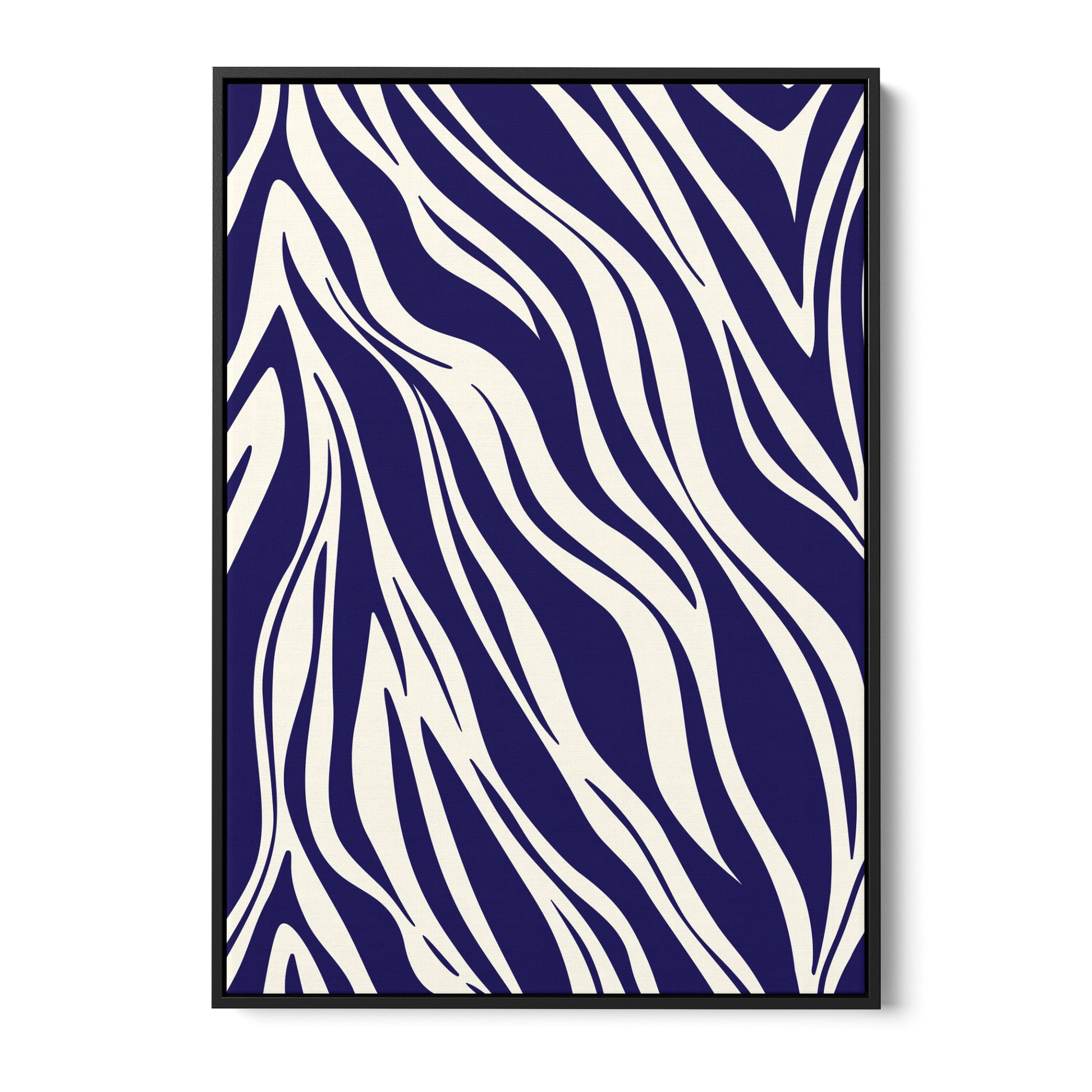 Paloma navy geometric wall art - bold abstract zebra-like pattern with sweeping curves in navy and cream, framed print front view
