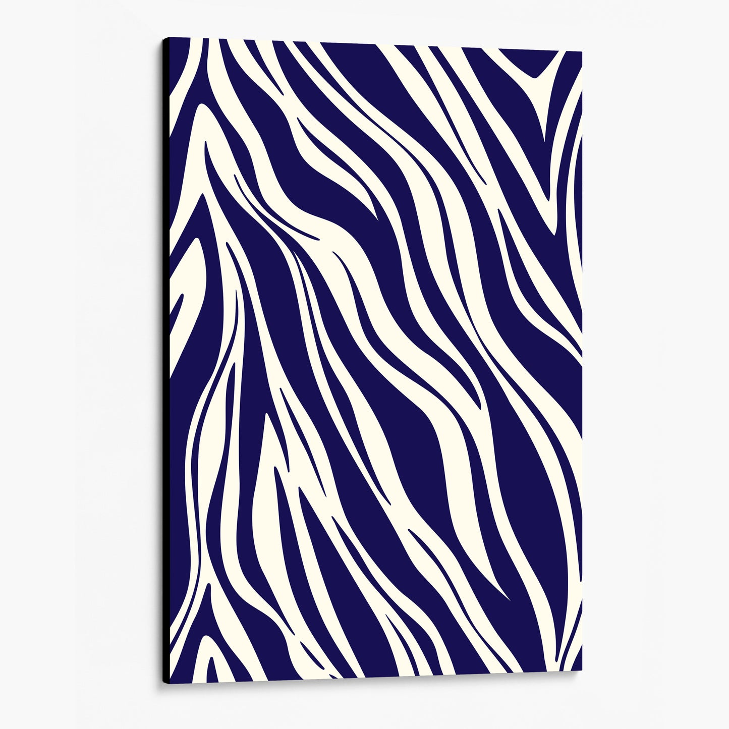 Unframed Paloma navy abstract wall art angled view showing frame depth - dynamic geometric pattern with organic flow in purple tones