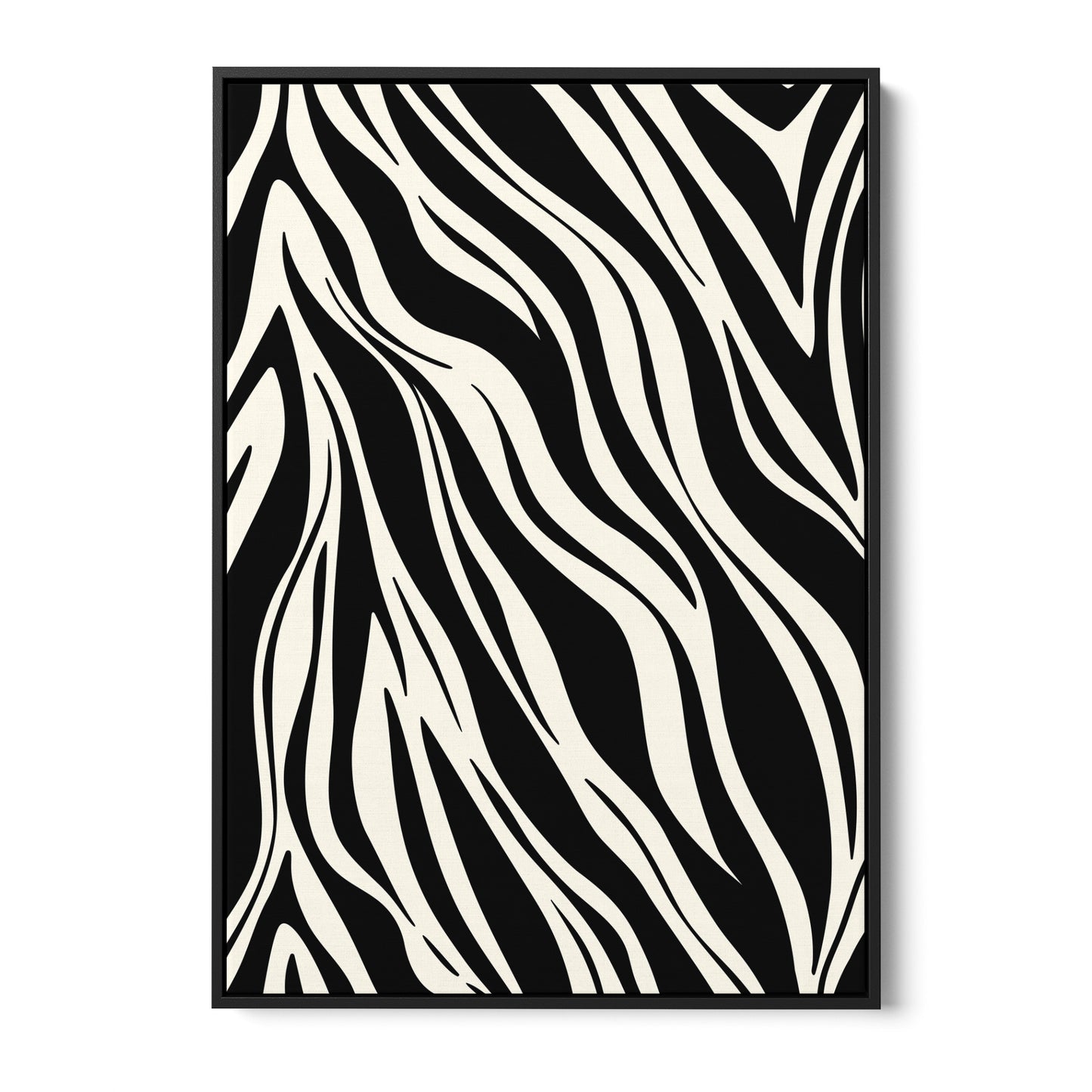 Paloma Black geometric wall art - bold abstract zebra-like pattern with sweeping curves in classic black and cream, framed print front view