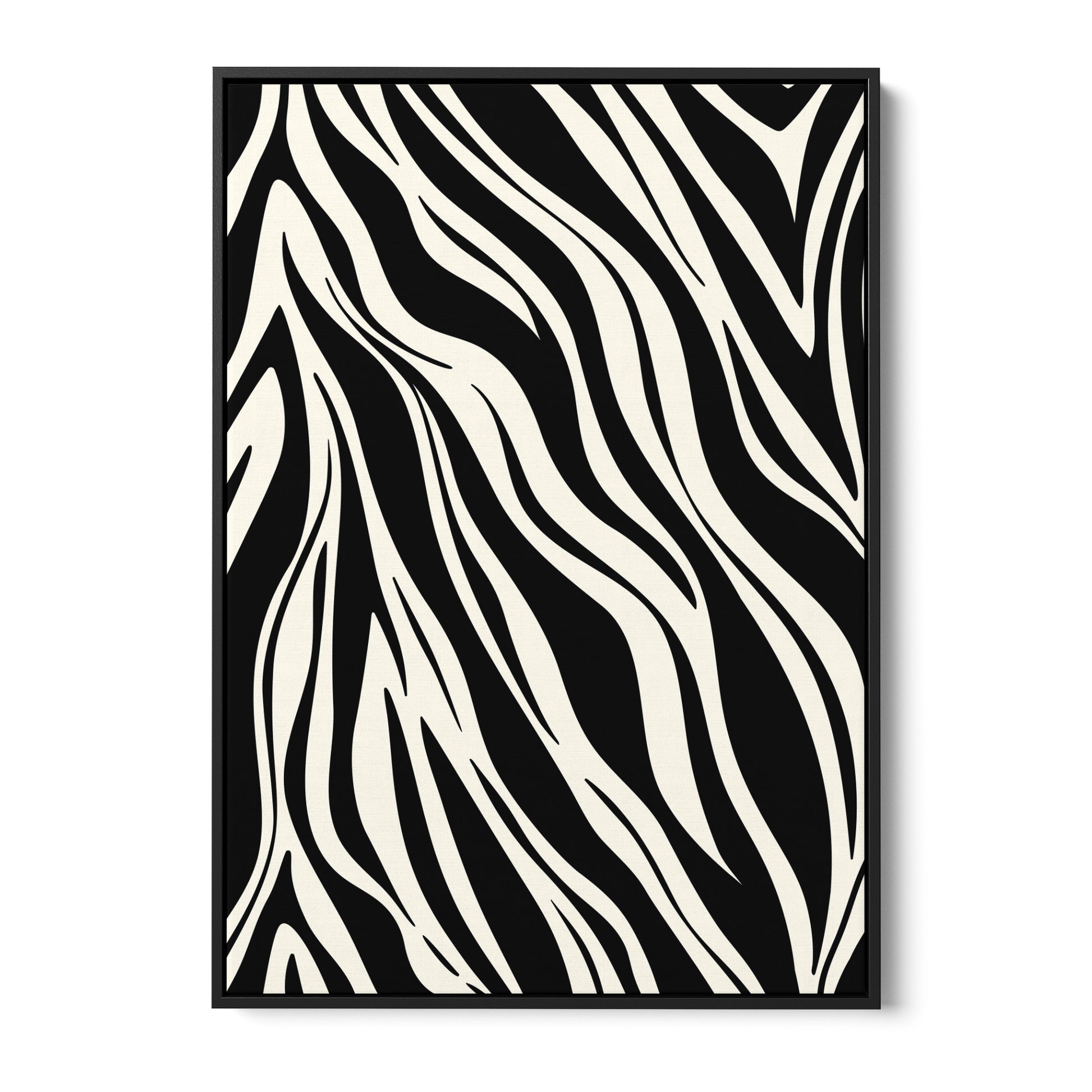 Paloma Black geometric wall art - bold abstract zebra-like pattern with sweeping curves in classic black and cream, framed print front view