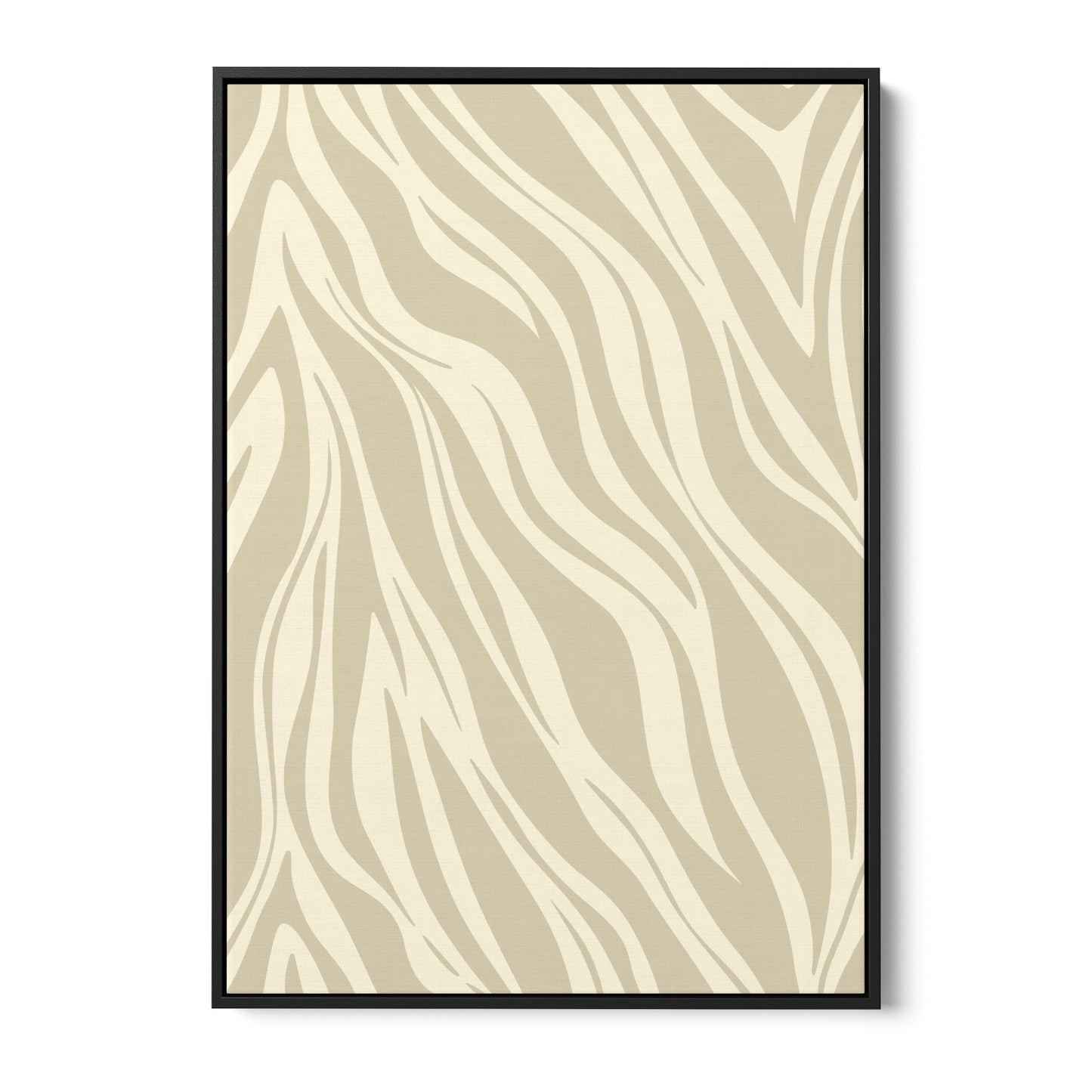 Paloma Stone geometric wall art - bold abstract zebra-like pattern with sweeping curves in stone and cream, framed print front view