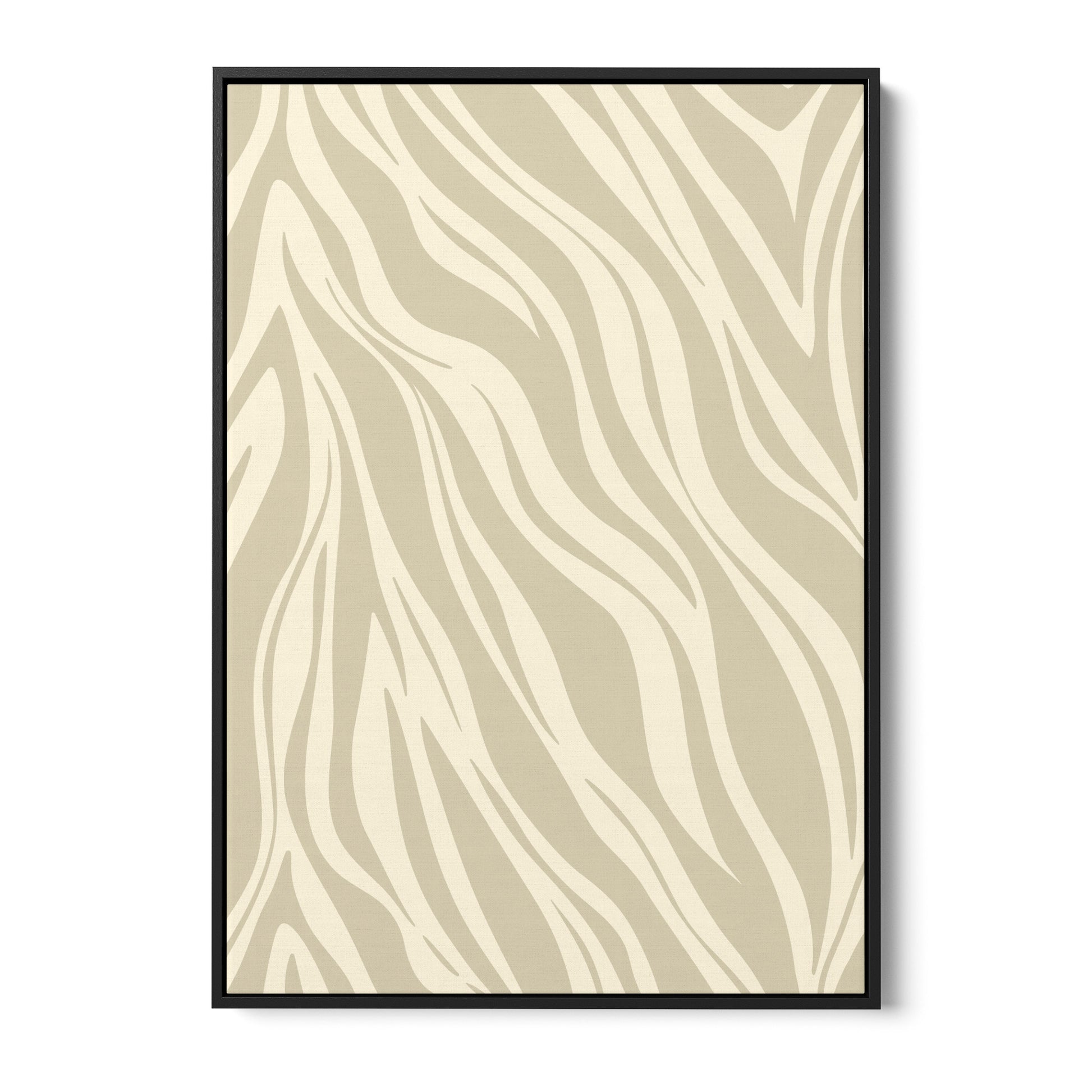 Paloma Stone geometric wall art - bold abstract zebra-like pattern with sweeping curves in stone and cream, framed print front view