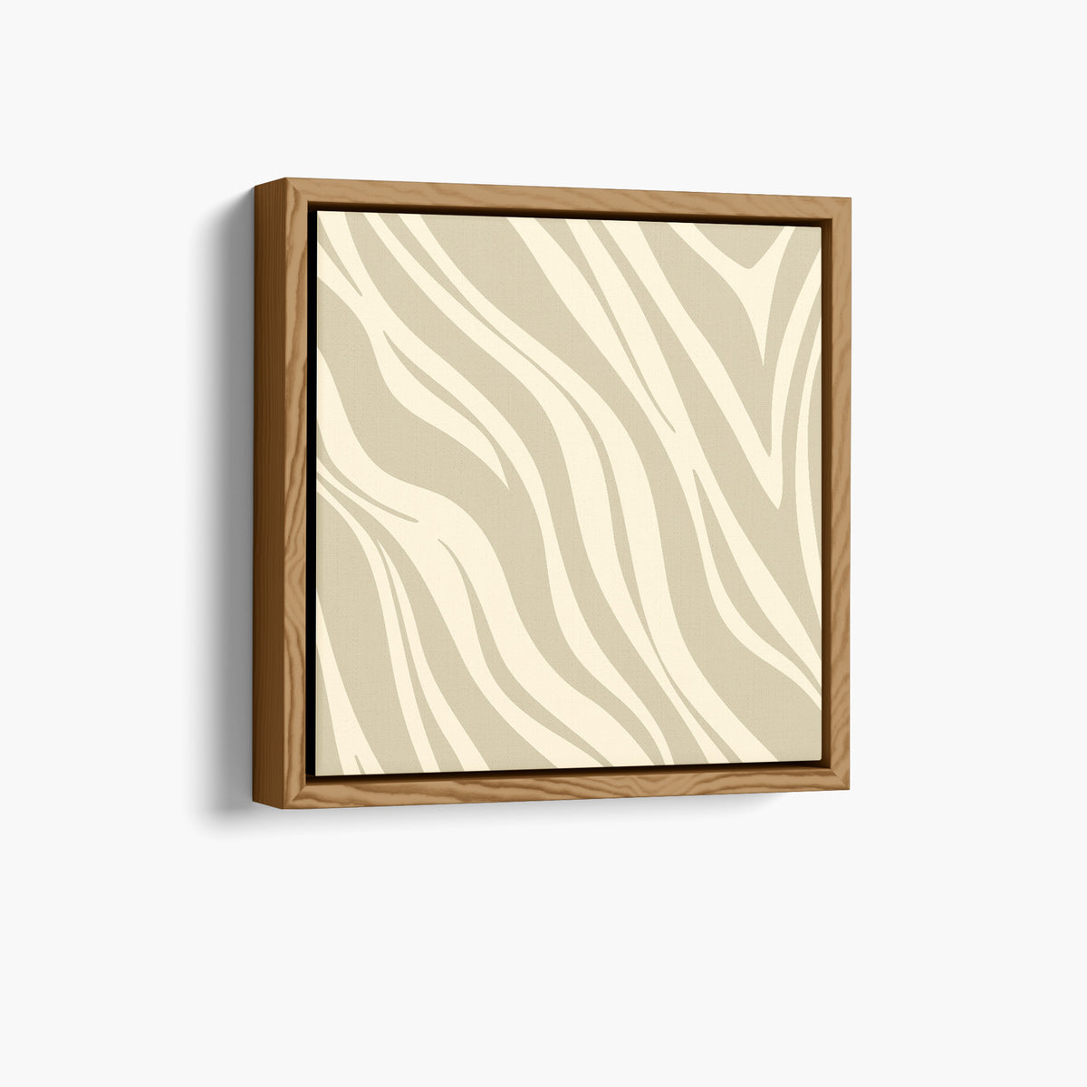Paloma Stone zebra-stripe canvas print in oak floater mini frame, angled view