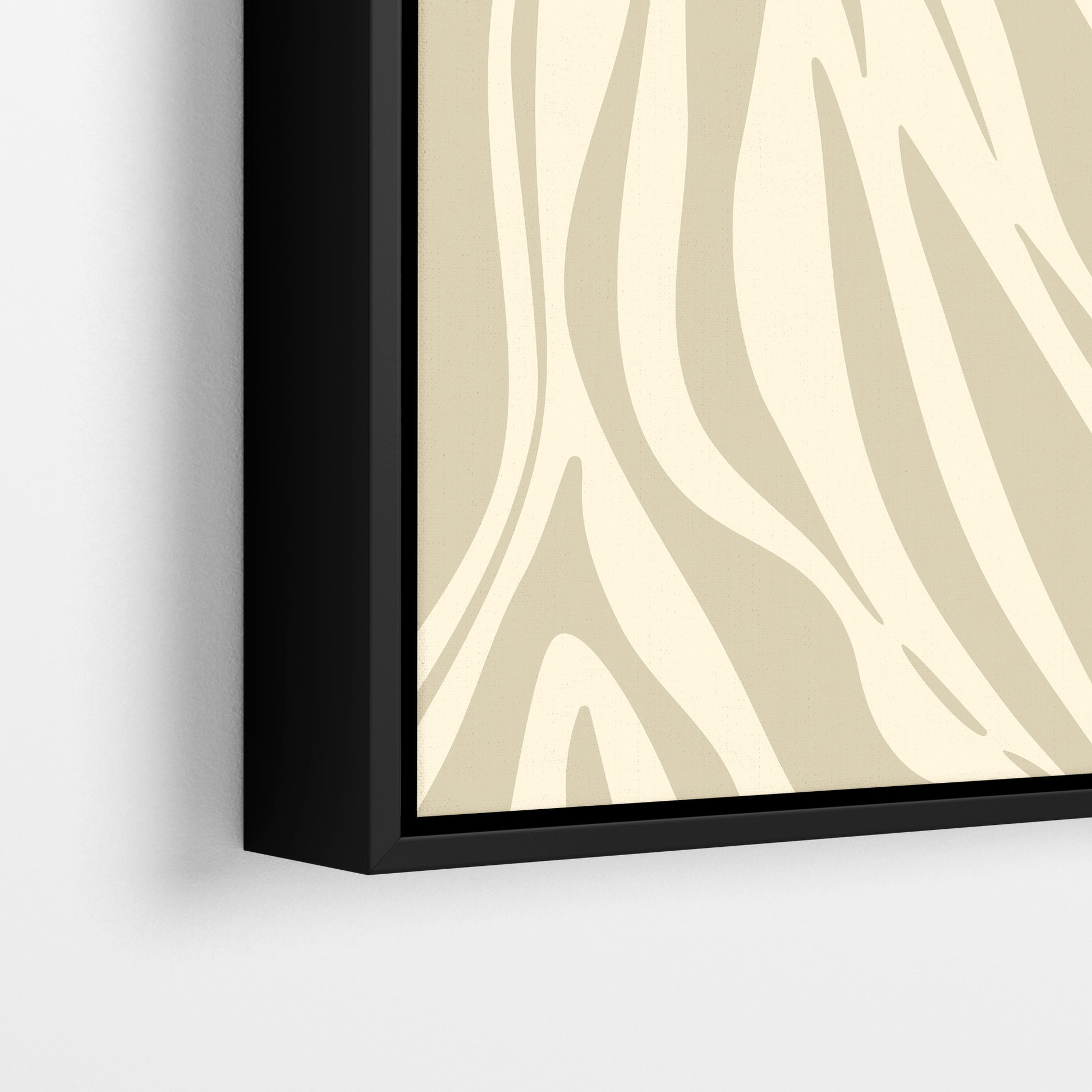 Close-up detail of Paloma Stone framed abstract print - fluid interlocking forms creating zebra-like pattern in stone and cream