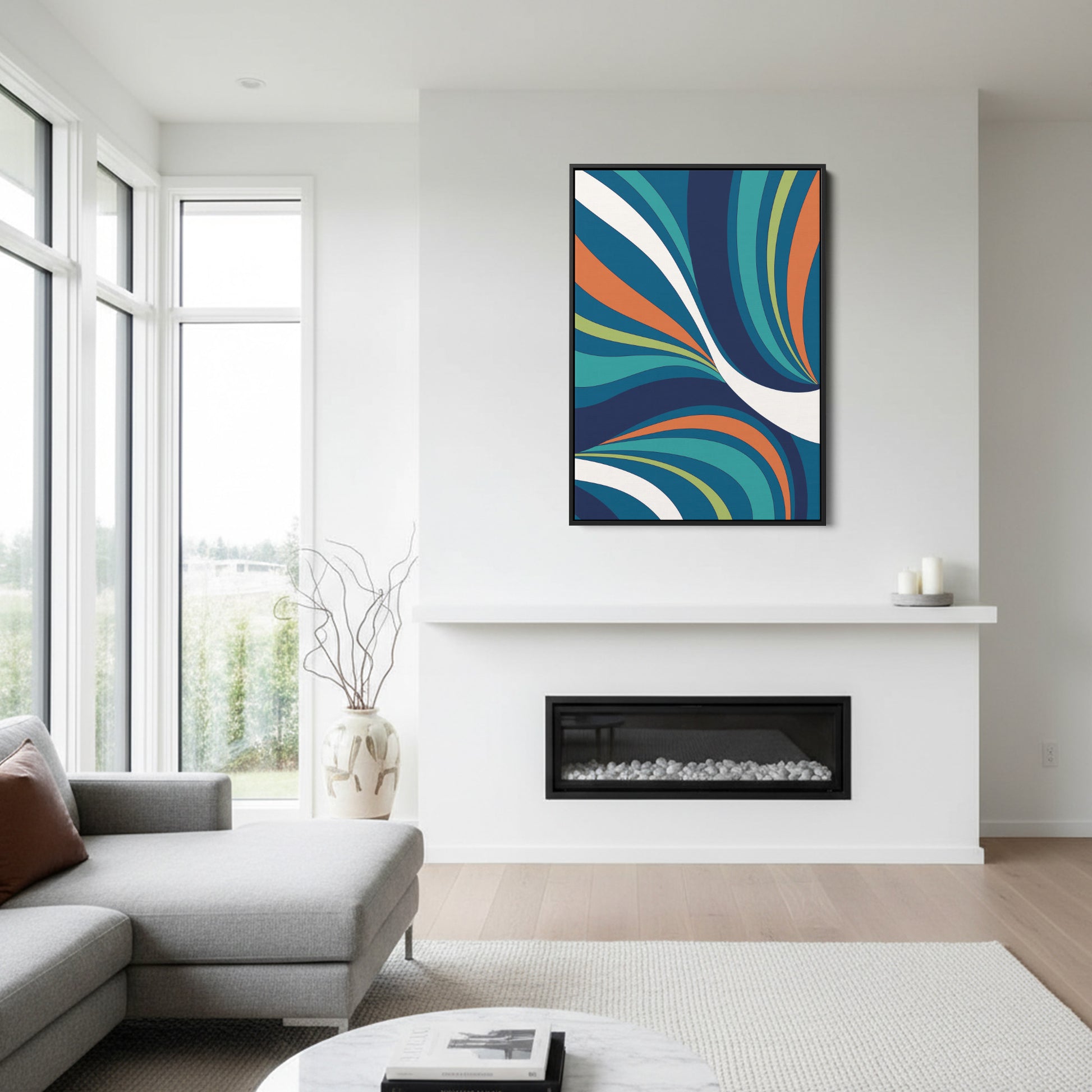Abstract wave wall art in modern room setting - vibrant statement piece with retro-modern elegance for contemporary home decor