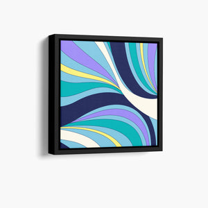 River sky blue mini. Framed Abstract wave wall art angled view showing frame depth - retro-modern design with sinuous forms and bold colour blocking