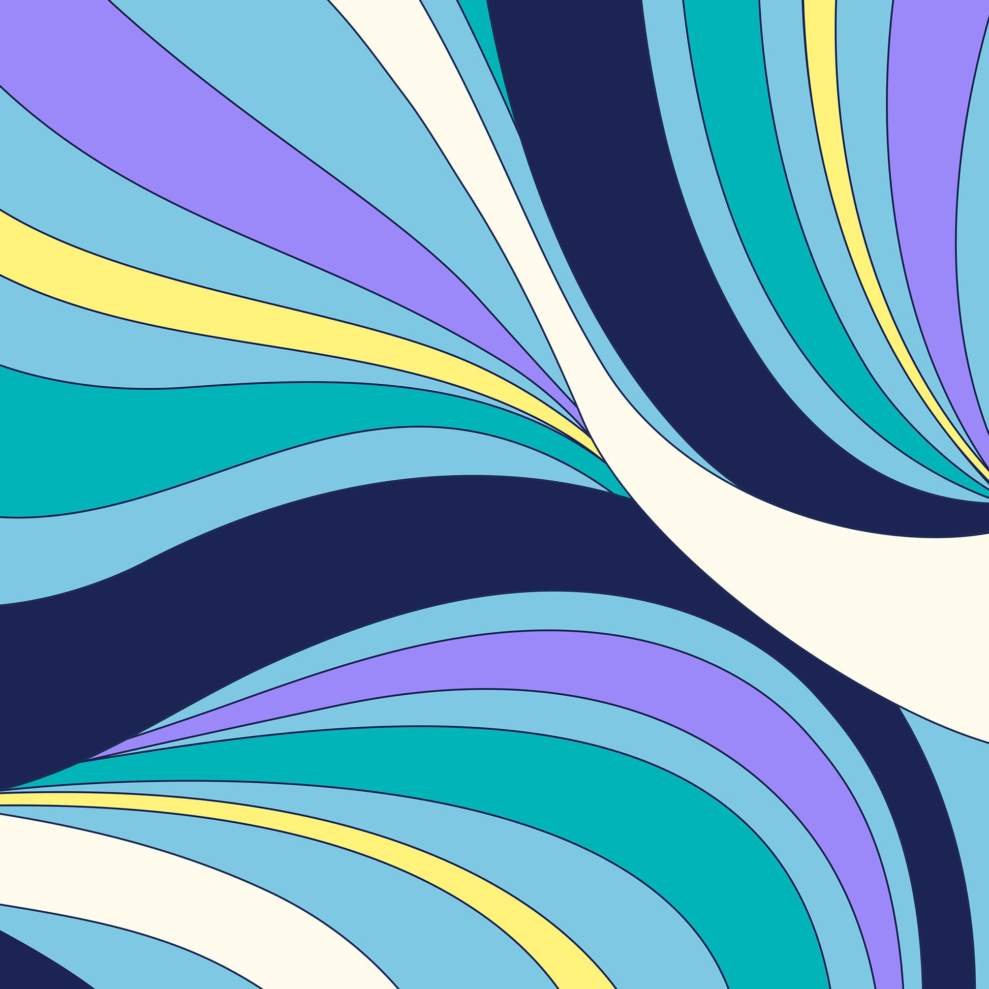 Detailed close-up of abstract wave artwork - bold colour blocking and crisp outlines in turquoise, navy and lilac with graceful organic curves
