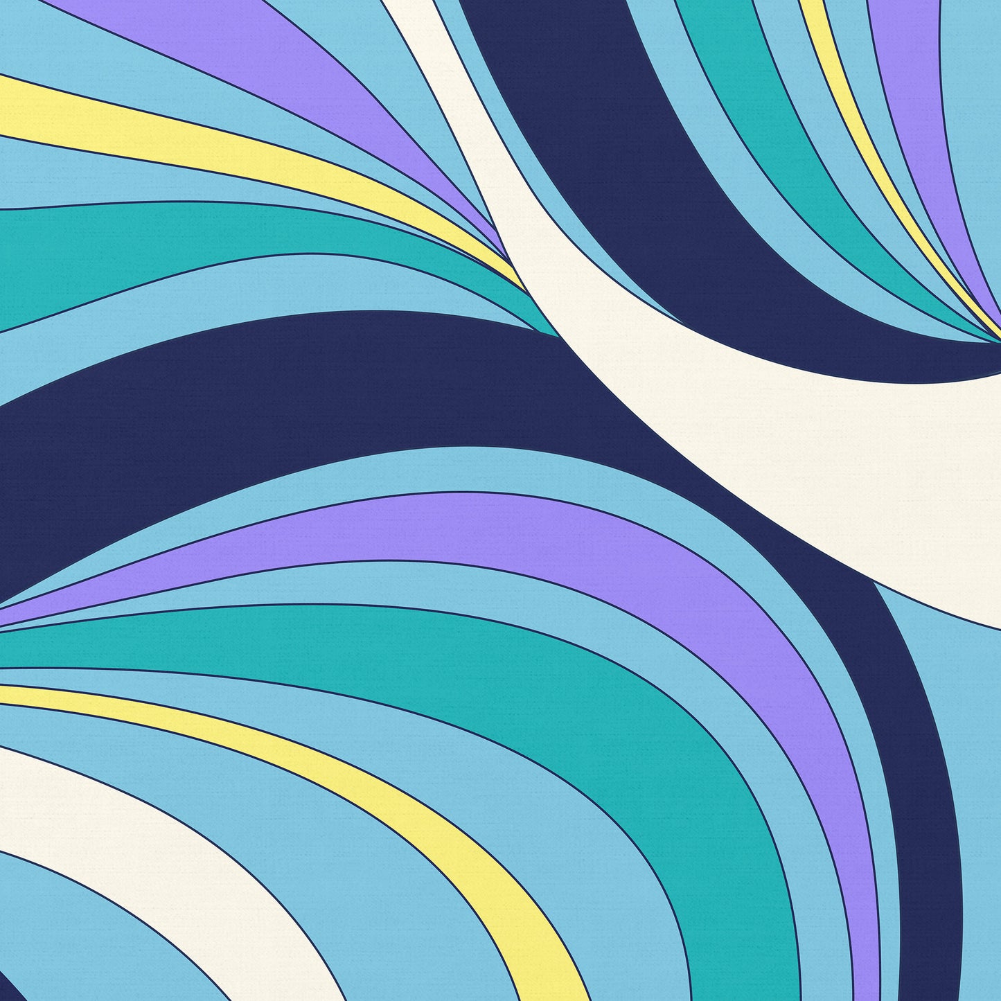 Detailed close-up of abstract wave artwork - bold colour blocking and crisp outlines in turquoise, navy and lilac with graceful organic curves