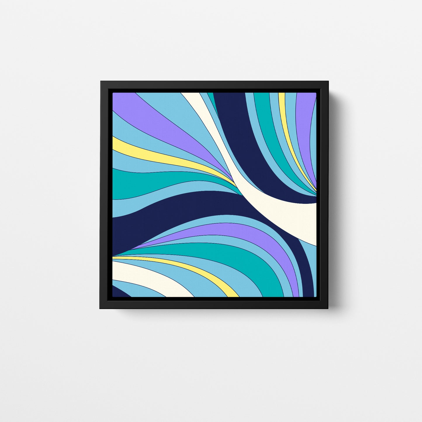 River sky blue mini Dynamic abstract wall art - flowing curved bands in turquoise, navy, lilac and yellow with hypnotic movement, framed