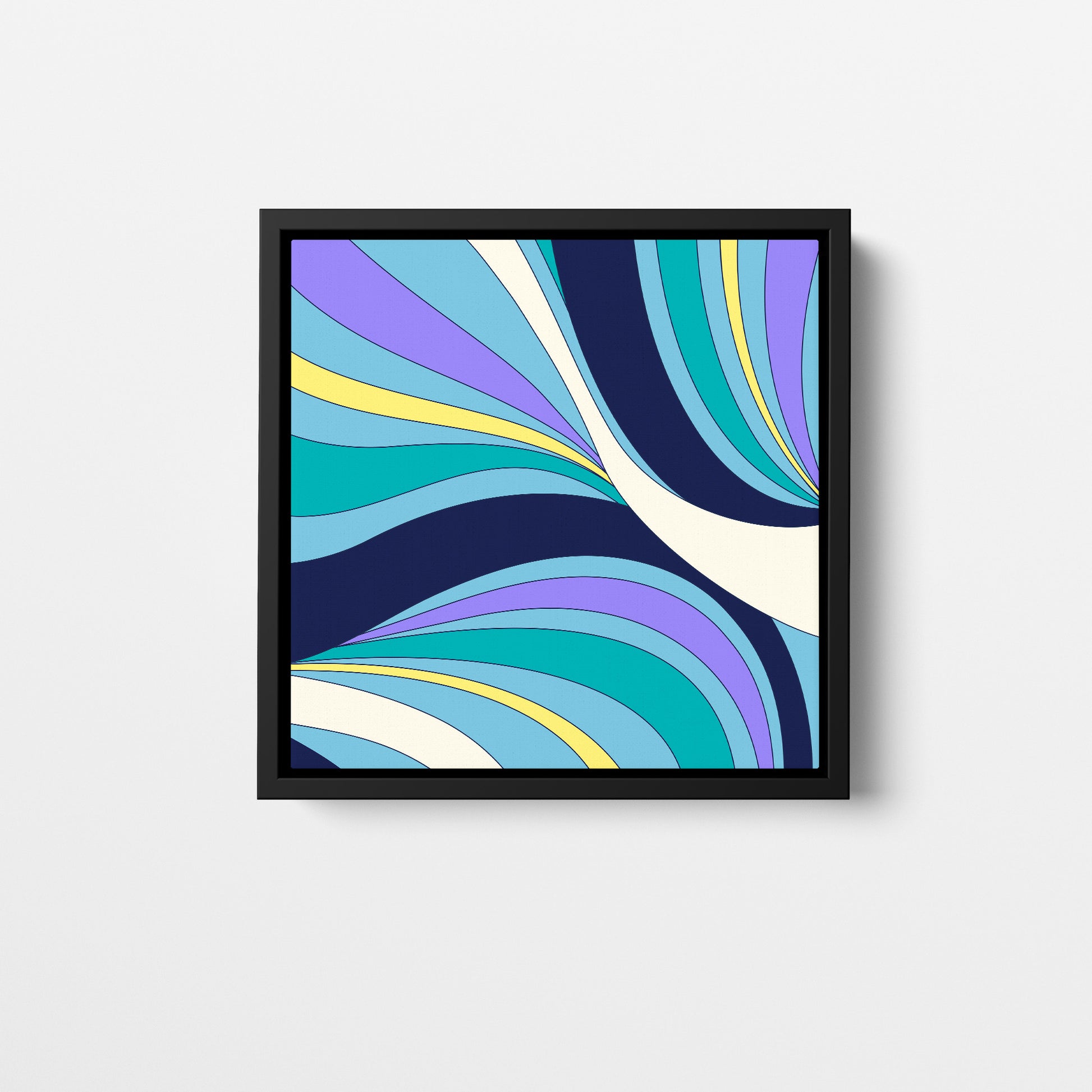 River sky blue mini Dynamic abstract wall art - flowing curved bands in turquoise, navy, lilac and yellow with hypnotic movement, framed