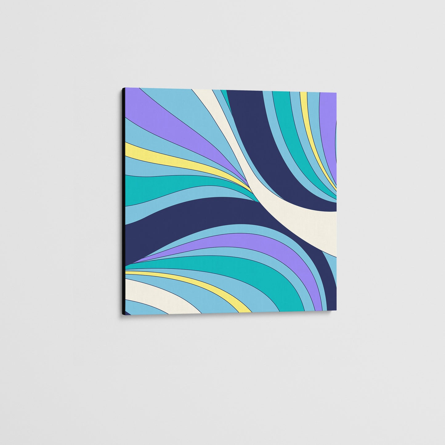 Unframed mini Abstract wave wall art angled view showing a retro-modern design with sinuous forms and bold colour blocking