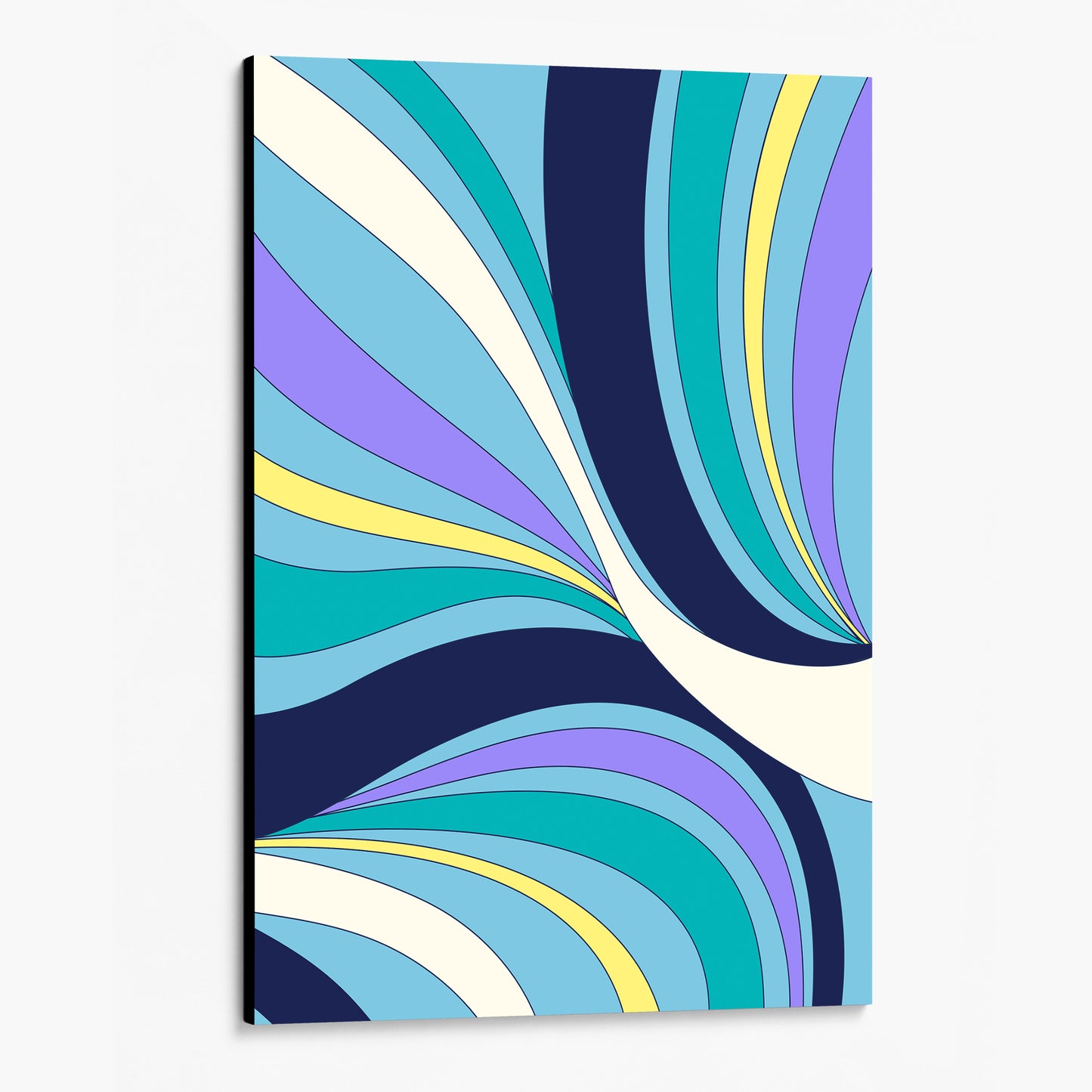 Unframed Abstract wave wall art angled view showing a retro-modern design with sinuous forms and bold colour blocking