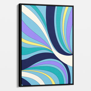 Framed Abstract wave wall art angled view showing frame depth - retro-modern design with sinuous forms and bold colour blocking