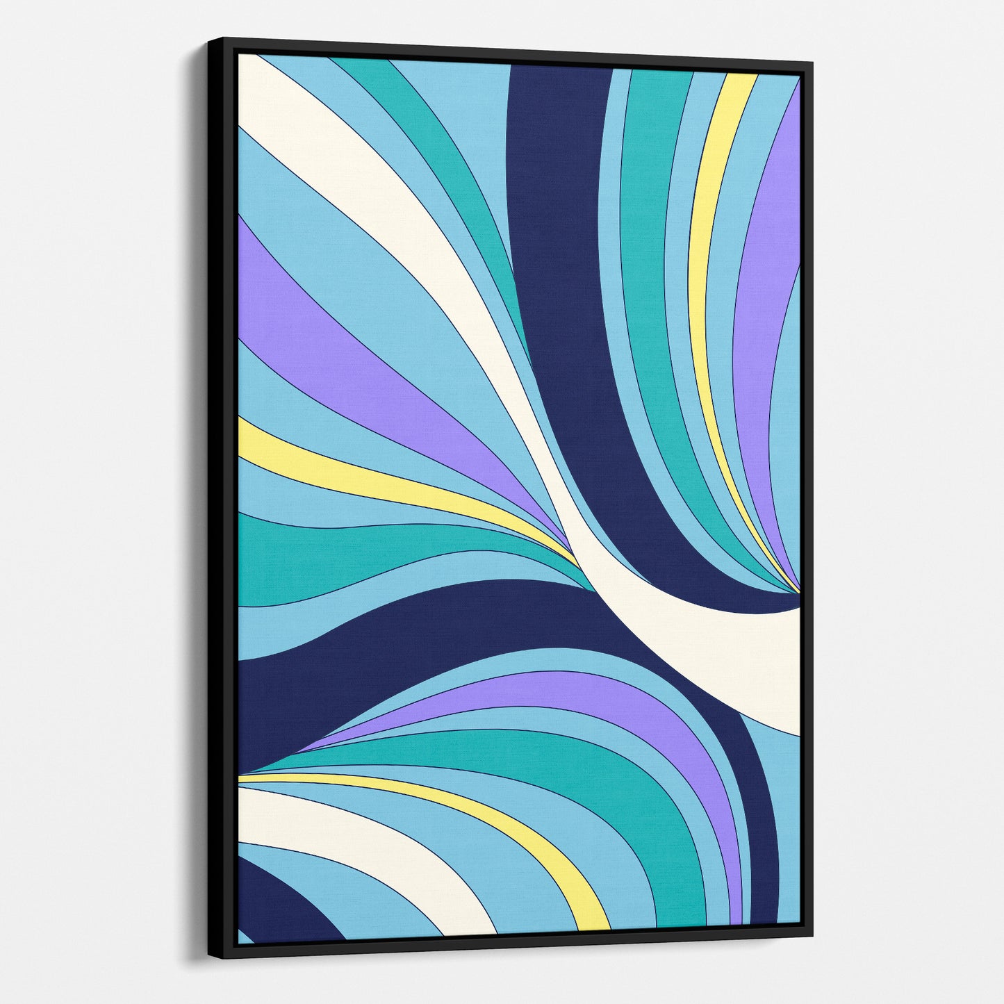 Framed Abstract wave wall art angled view showing frame depth - retro-modern design with sinuous forms and bold colour blocking