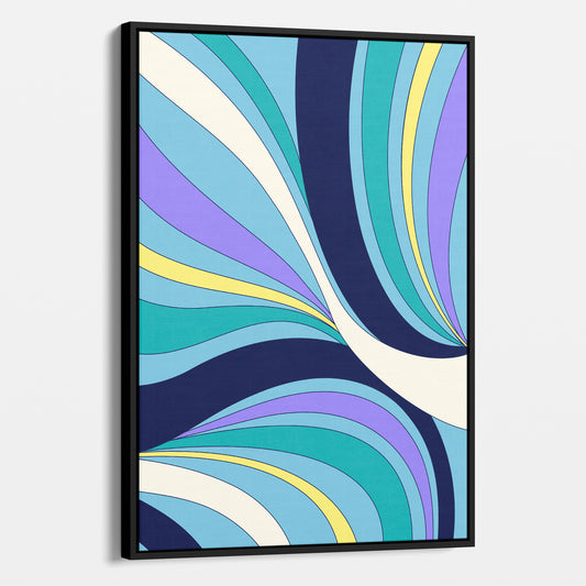 Framed Abstract wave wall art angled view showing frame depth - retro-modern design with sinuous forms and bold colour blocking