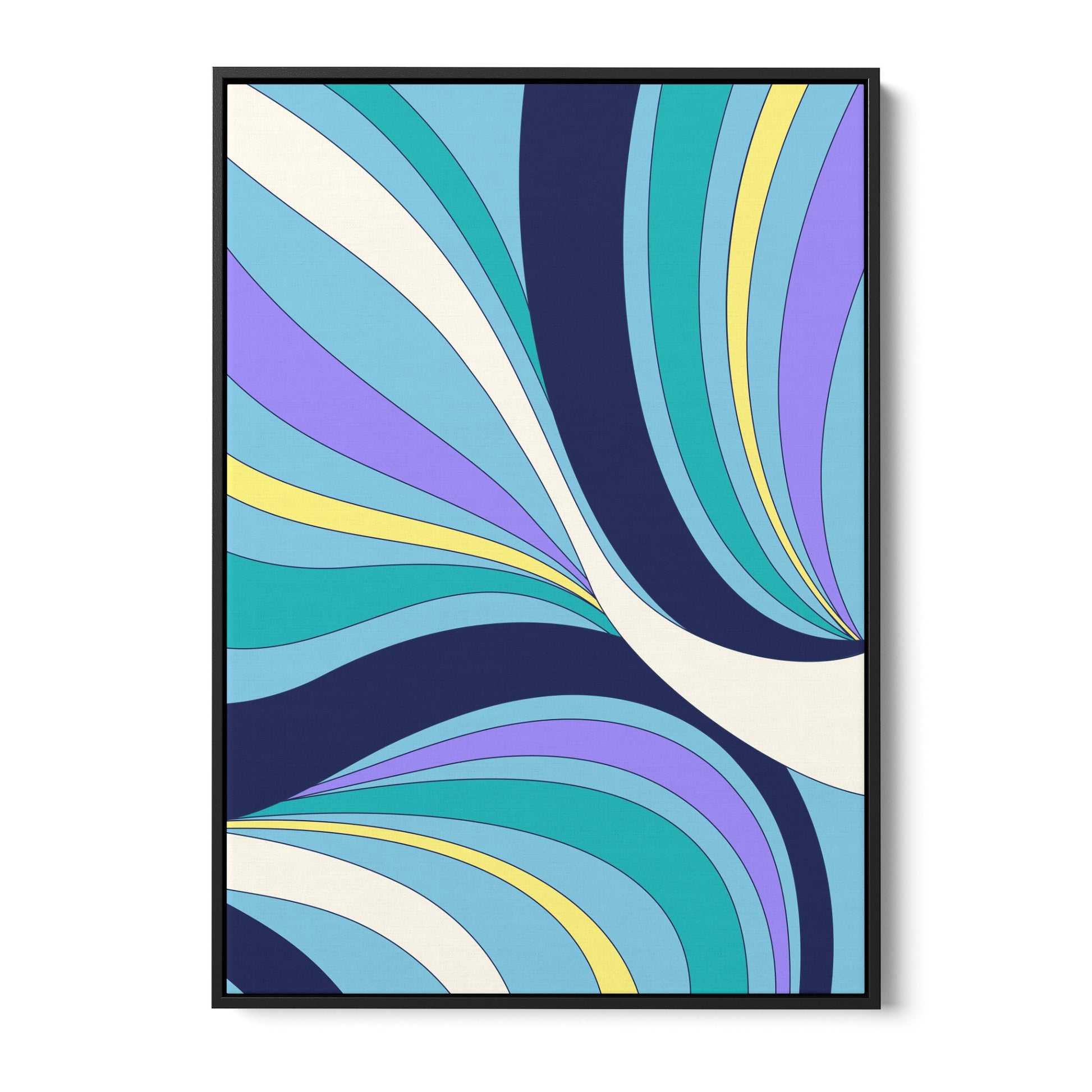 Dynamic abstract wall art - flowing curved bands in turquoise, navy, lilac and yellow with hypnotic movement, framed print front view