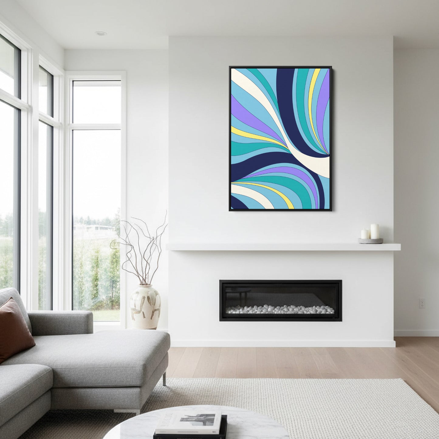 Abstract sky blue wave wall art in modern room setting - vibrant statement piece with retro-modern elegance for contemporary home decor