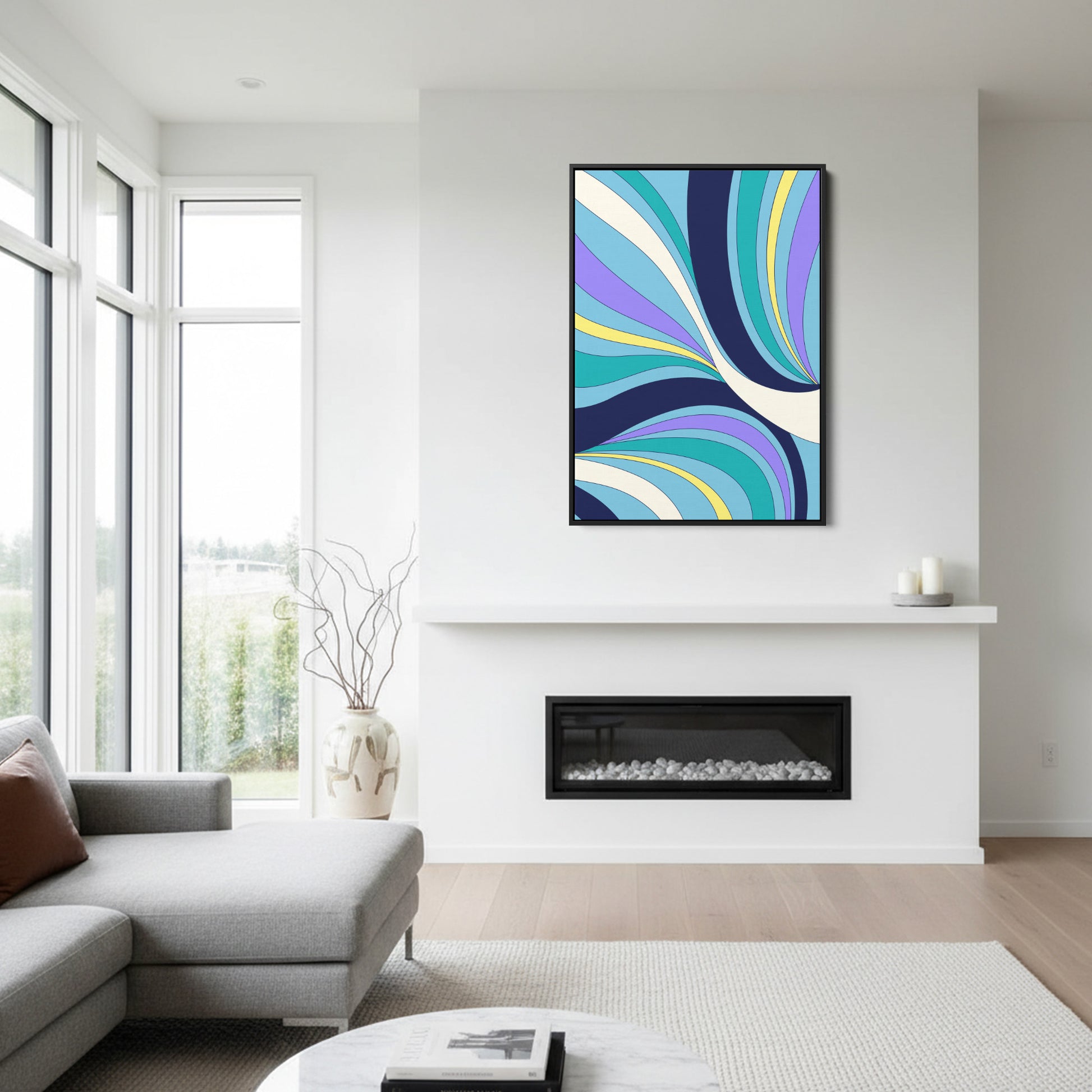 Abstract sky blue wave wall art in modern room setting - vibrant statement piece with retro-modern elegance for contemporary home decor