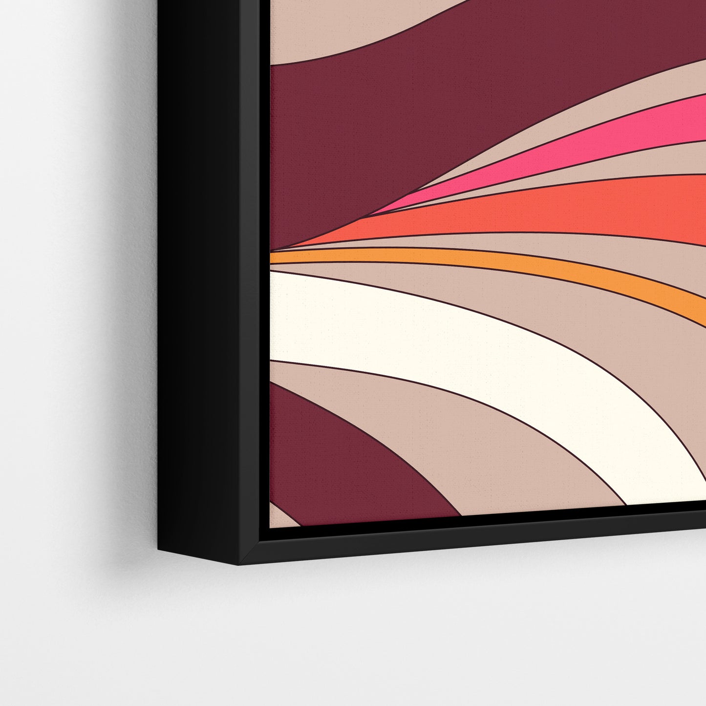 Close-up detail of abstract framed print - sweeping organic waves in burgundy, hot pink and coral creating kinetic visual flow