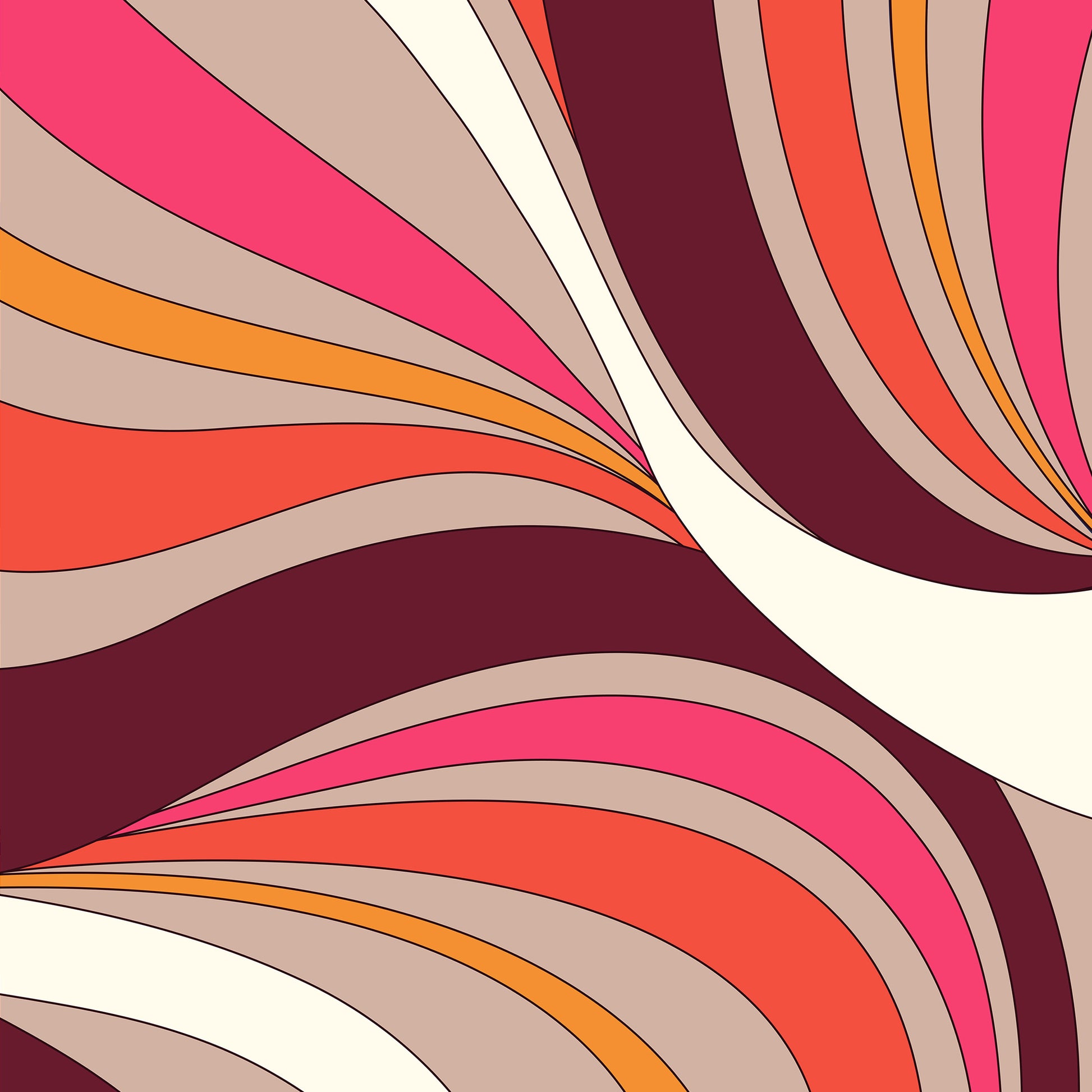 River taupe mini Close-up of abstract wave artwork - bold colour blocking and crisp outlines in burgundy, hot pink and tangerine with graceful organic curves
