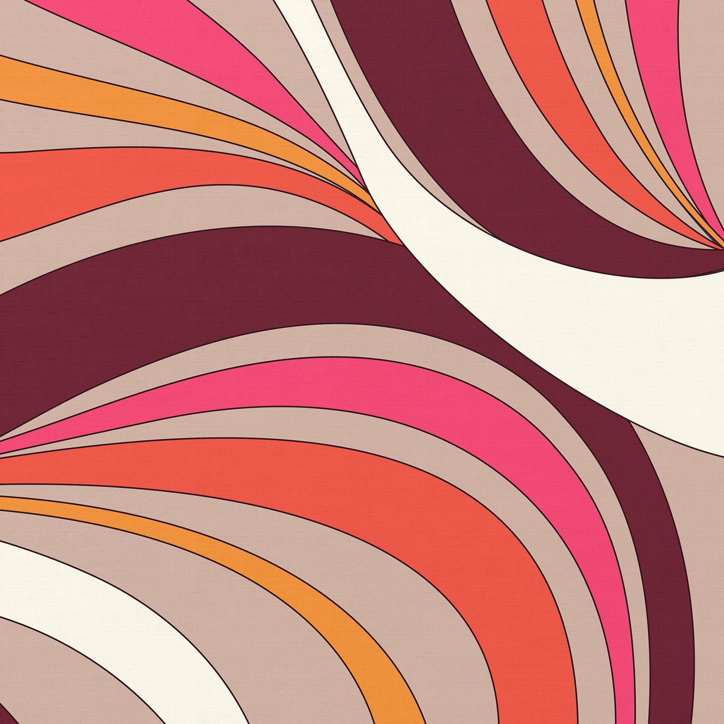 Close-up of abstract wave artwork - bold colour blocking and crisp outlines in burgundy, hot pink and tangerine with graceful organic curves