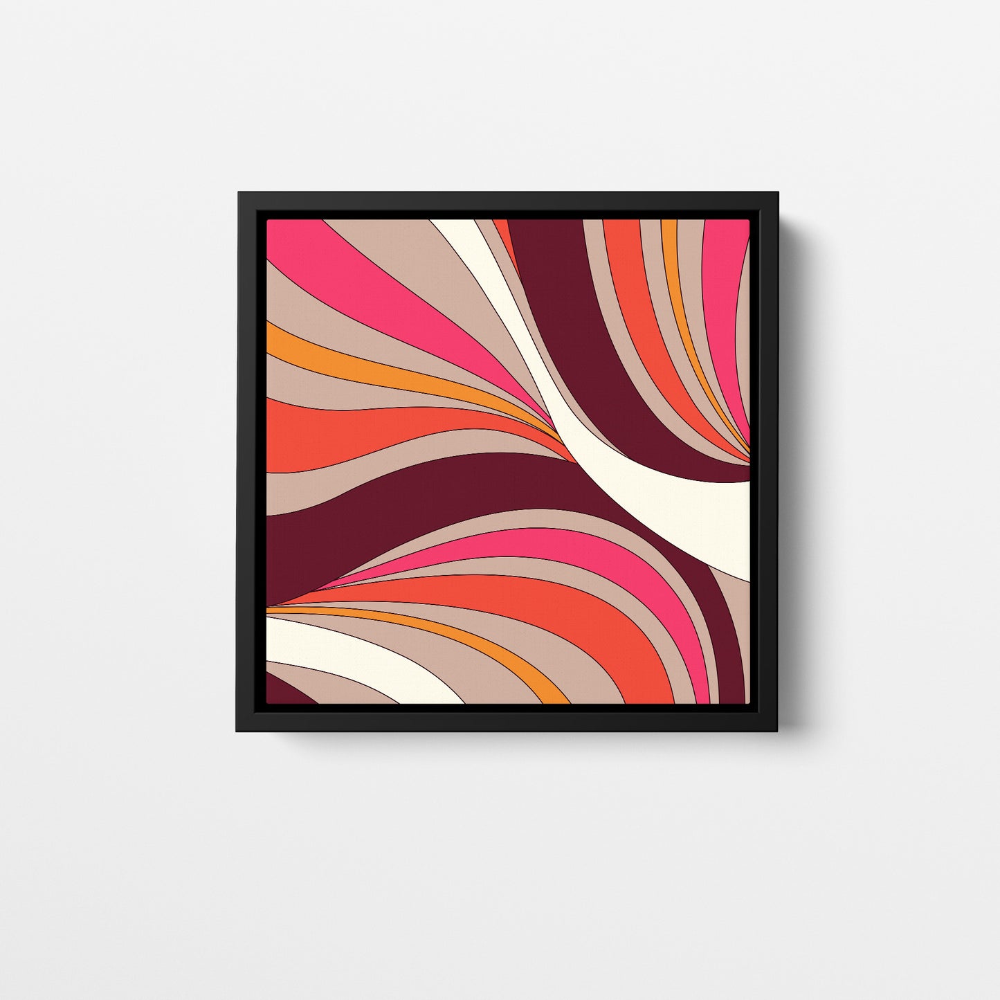 River taupe mini Dynamic abstract wall art - flowing curved bands in burgundy, pink, coral and taupe with hypnotic movement, framed print front view