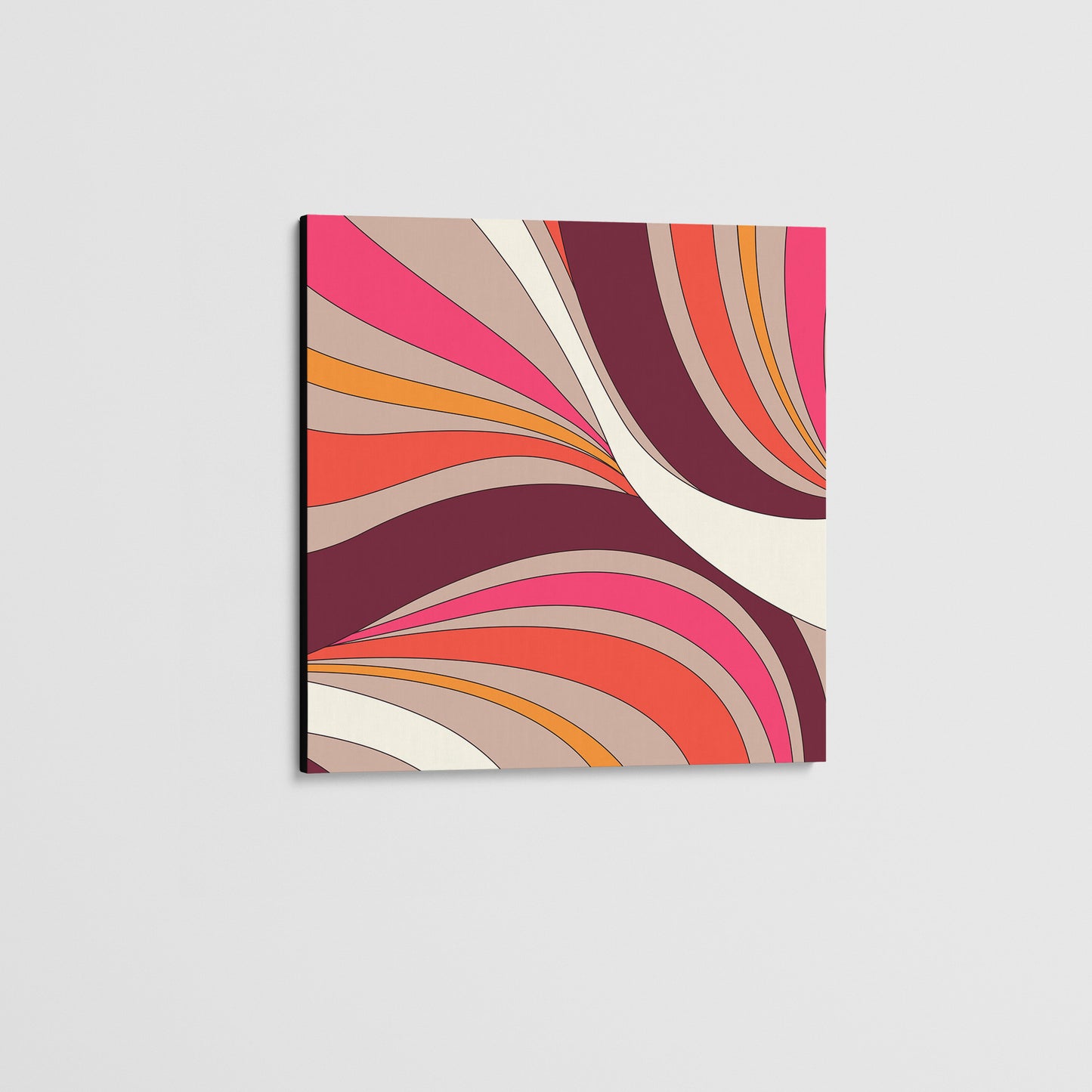 unframed mini Abstract wave wall art angled view showing canvas depth - retro-modern design with sinuous forms and bold colour blocking”

