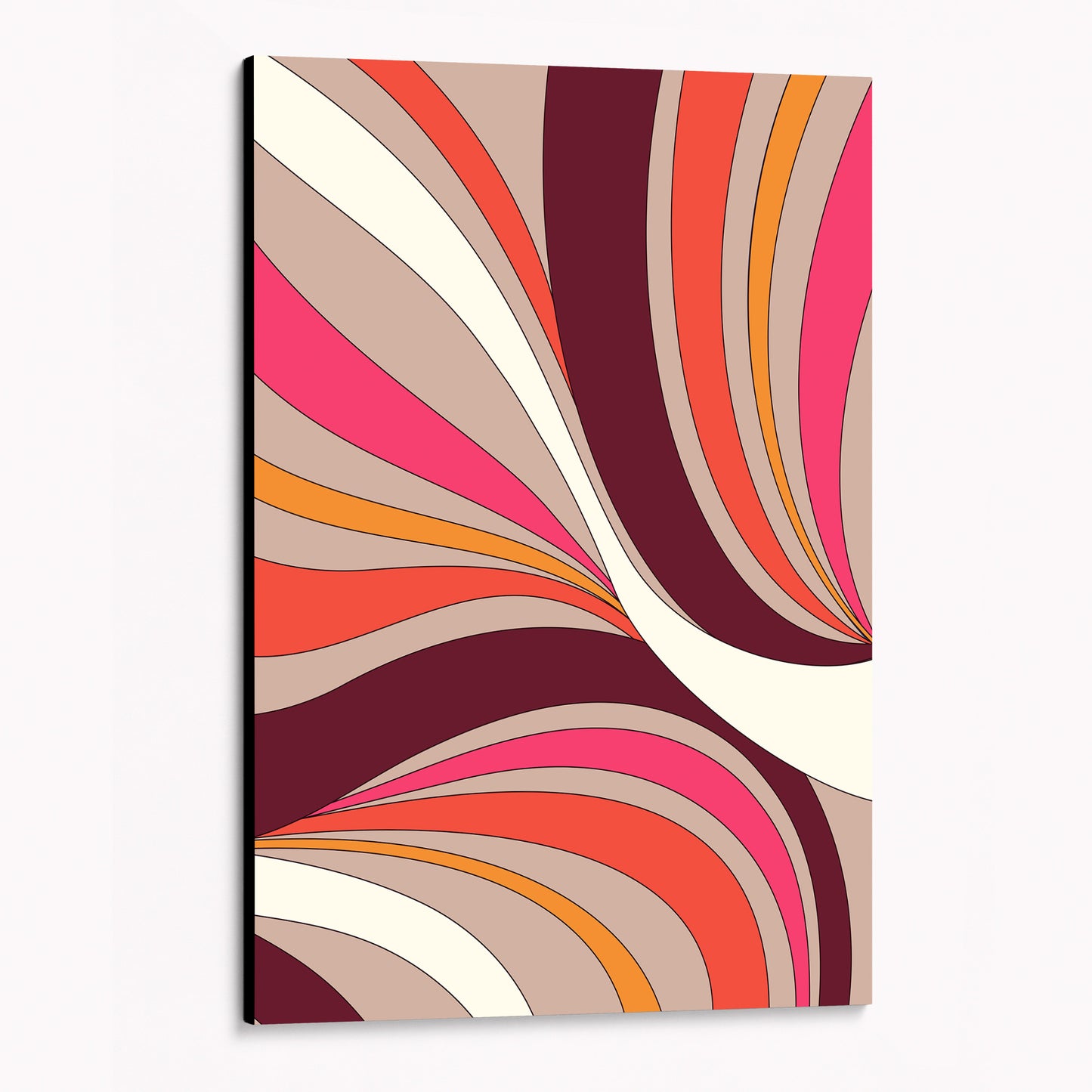 unframed Abstract wave wall art angled view showing canvas depth - retro-modern design with sinuous forms and bold colour blocking