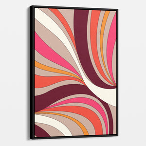 River Framed Abstract wave wall art angled view showing frame depth - retro-modern design with sinuous forms and bold colour blocking