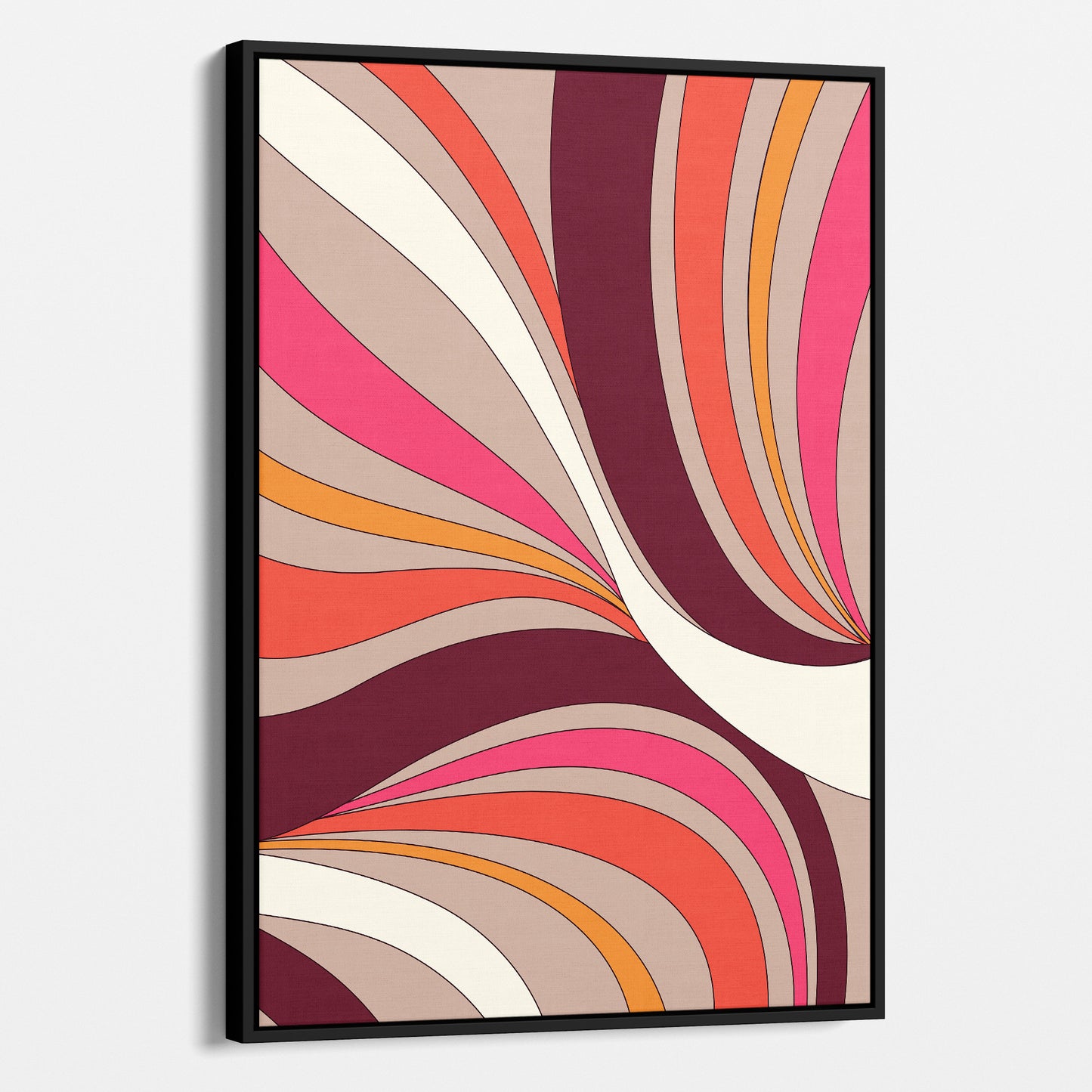River Framed Abstract wave wall art angled view showing frame depth - retro-modern design with sinuous forms and bold colour blocking