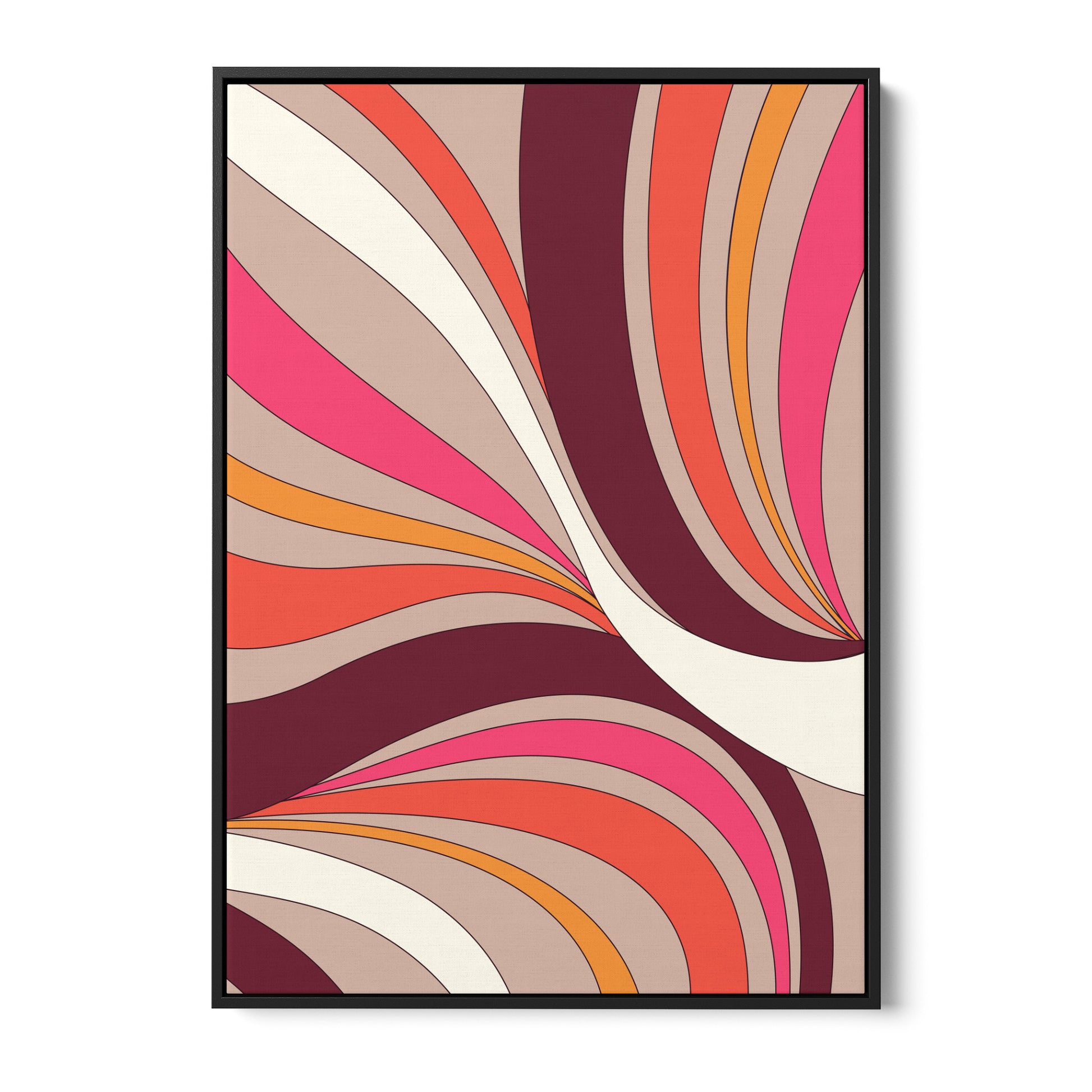 Dynamic abstract wall art - flowing curved bands in burgundy, pink, coral and taupe with hypnotic movement, framed print front view