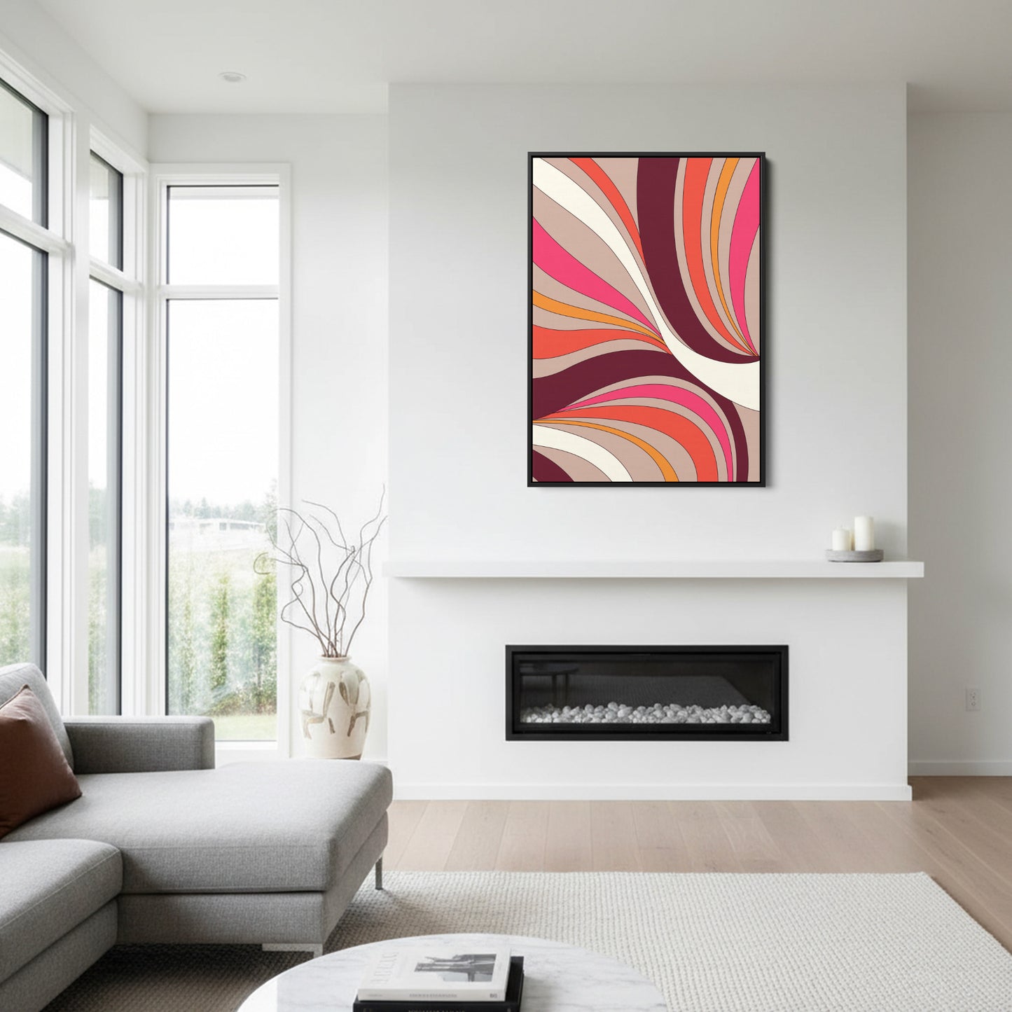 Abstract taupe wave wall art in modern room setting - vibrant statement piece with retro-modern elegance for contemporary home decor
