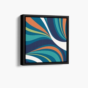 Framed River mini Abstract wave wall art angled view showing frame depth - retro-modern design with sinuous forms and bold colour blocking