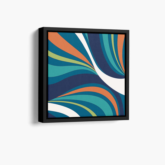 Framed River mini Abstract wave wall art angled view showing frame depth - retro-modern design with sinuous forms and bold colour blocking