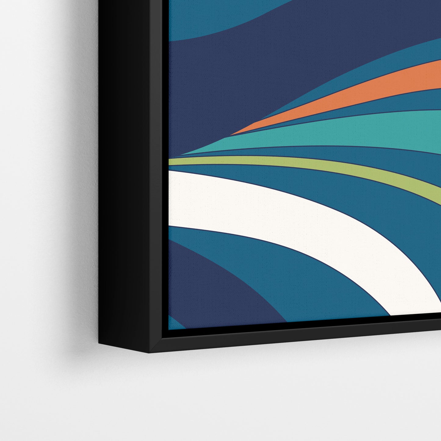 Close-up detail of abstract framed print - sweeping organic waves in teal, turquoise and coral creating kinetic visual flow