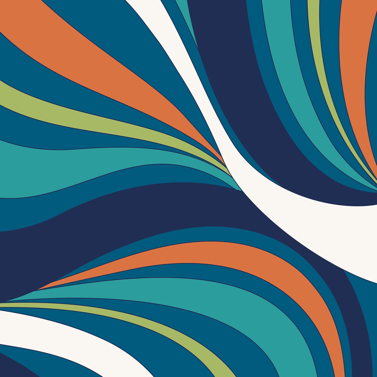 Close-up of abstract wave artwork - bold colour blocking and crisp outlines in teal, navy and coral with graceful organic curves