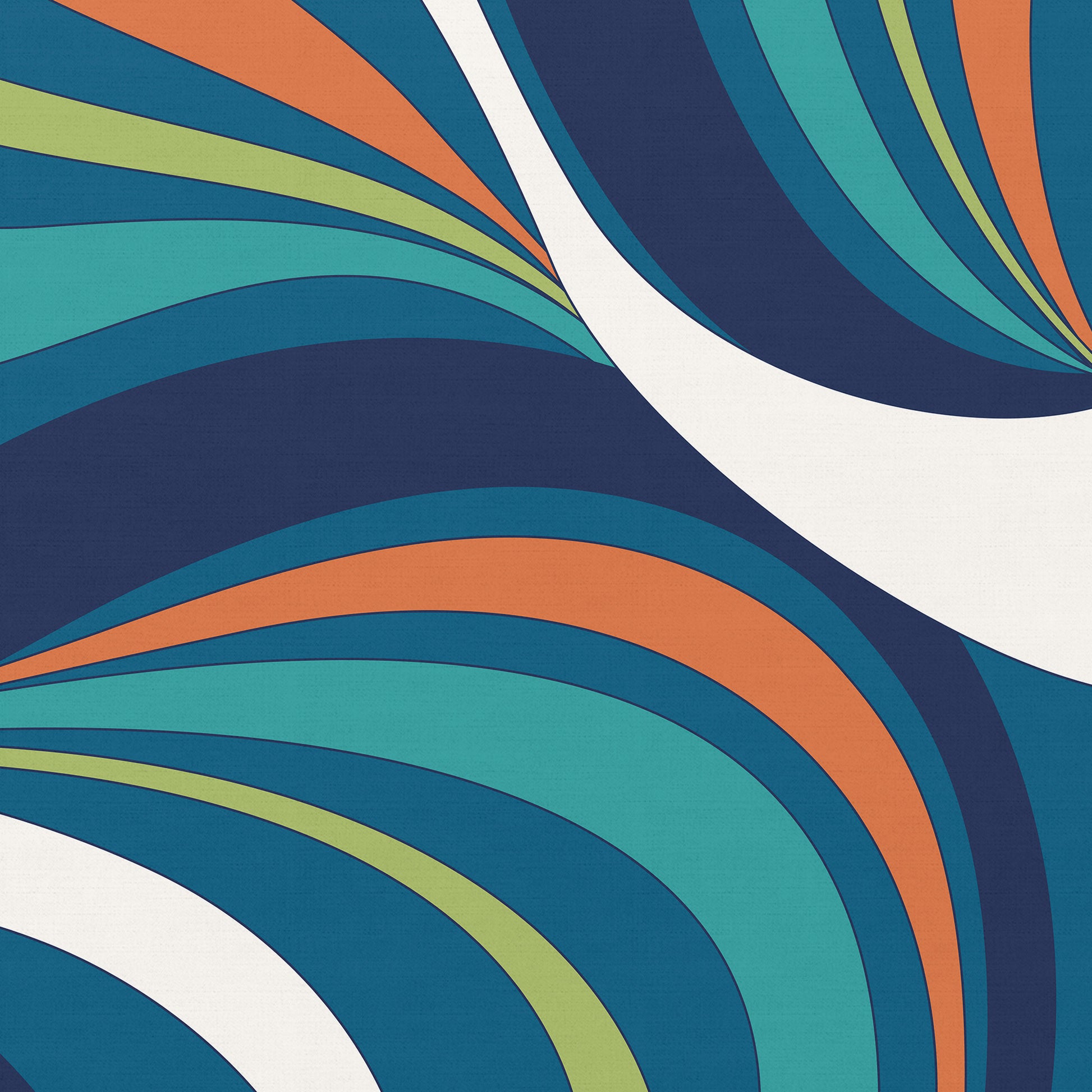 Close-up of abstract wave artwork - bold colour blocking and crisp outlines in teal, navy and coral with graceful organic curves