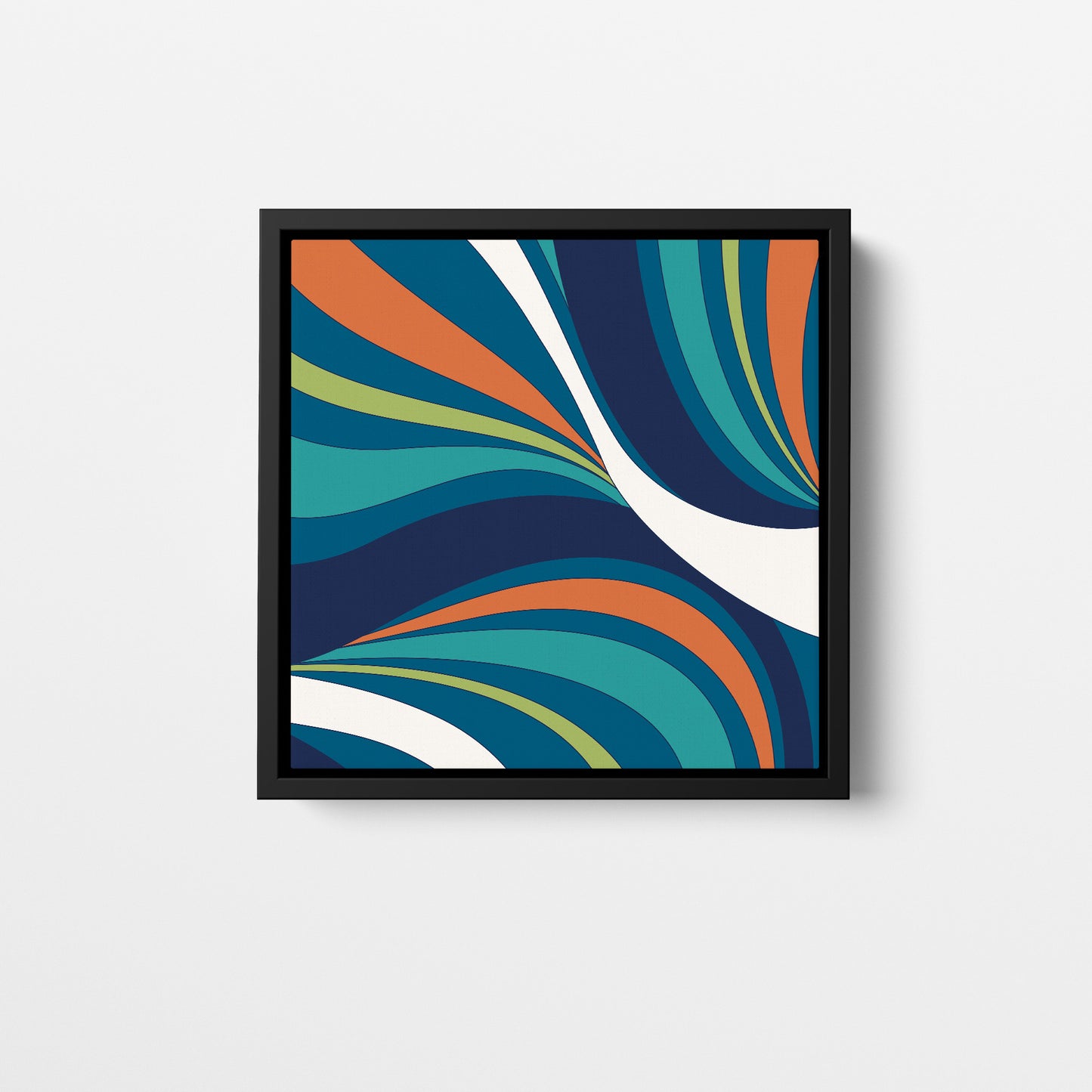 Dynamic abstract mini wall art - flowing curved bands in teal, navy, pistachio and orange with hypnotic movement, framed print front view