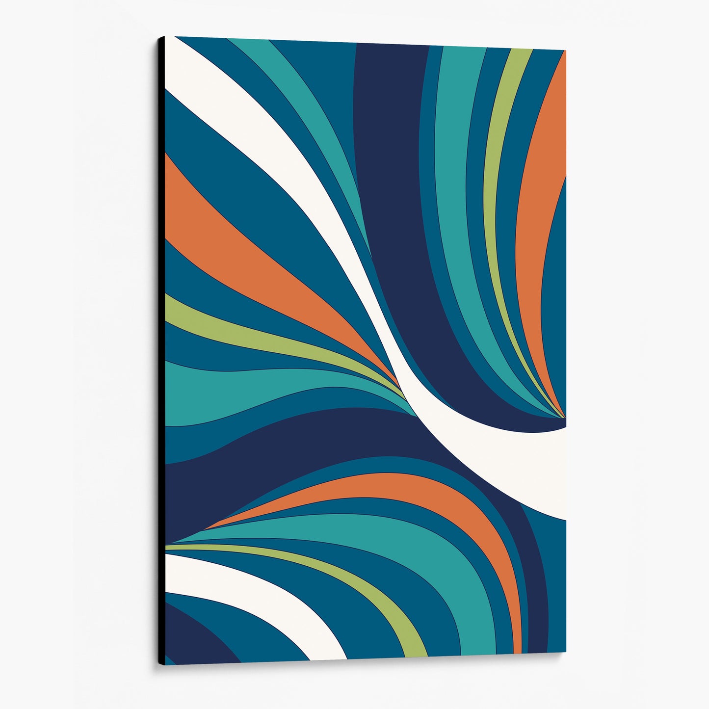 Unframed River Abstract wave wall art angled view showing canvas depth - retro-modern design with sinuous forms and bold colour blocking
