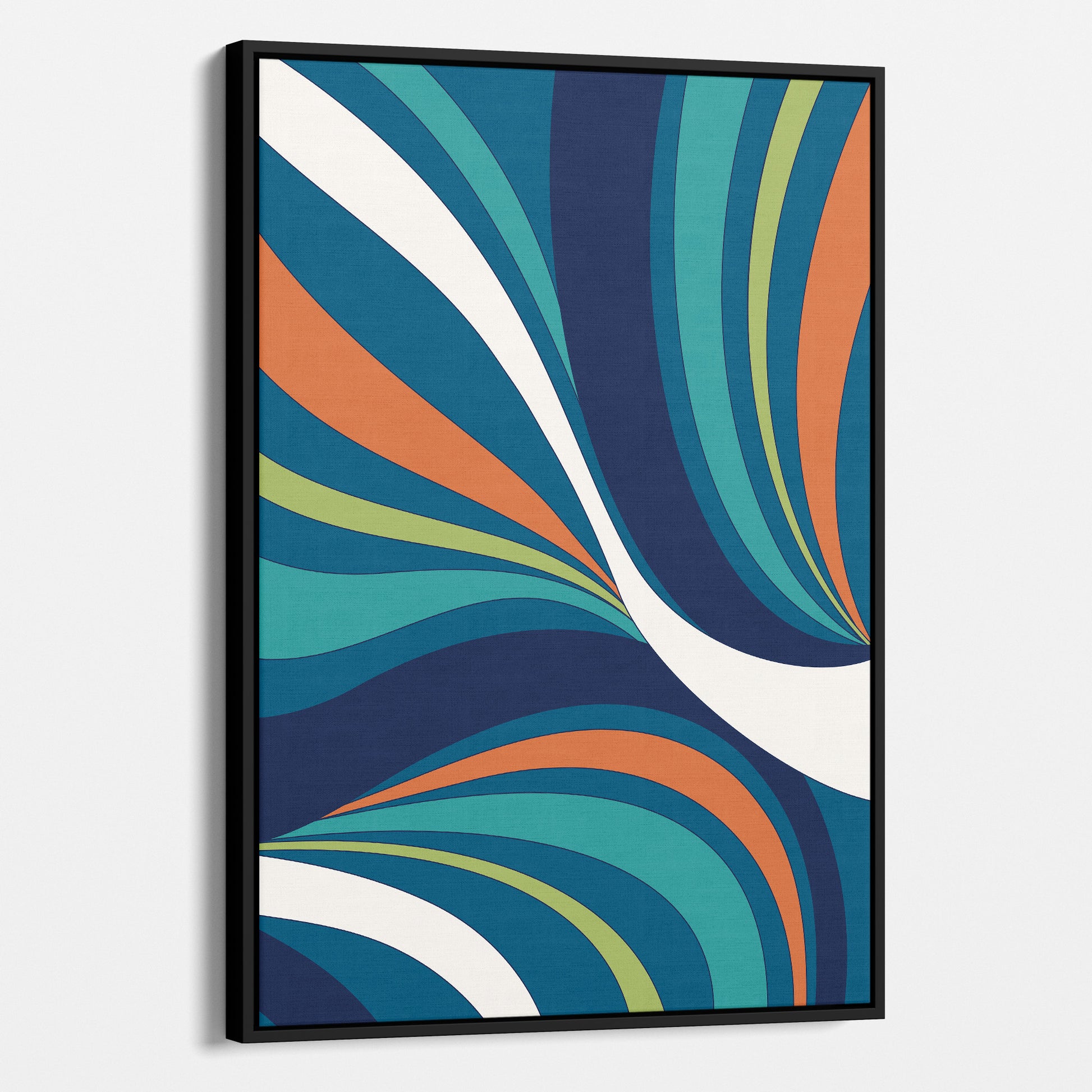 Framed River Abstract wave wall art angled view showing frame depth - retro-modern design with sinuous forms and bold colour blocking