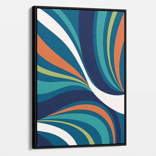 Framed River Abstract wave wall art angled view showing frame depth - retro-modern design with sinuous forms and bold colour blocking