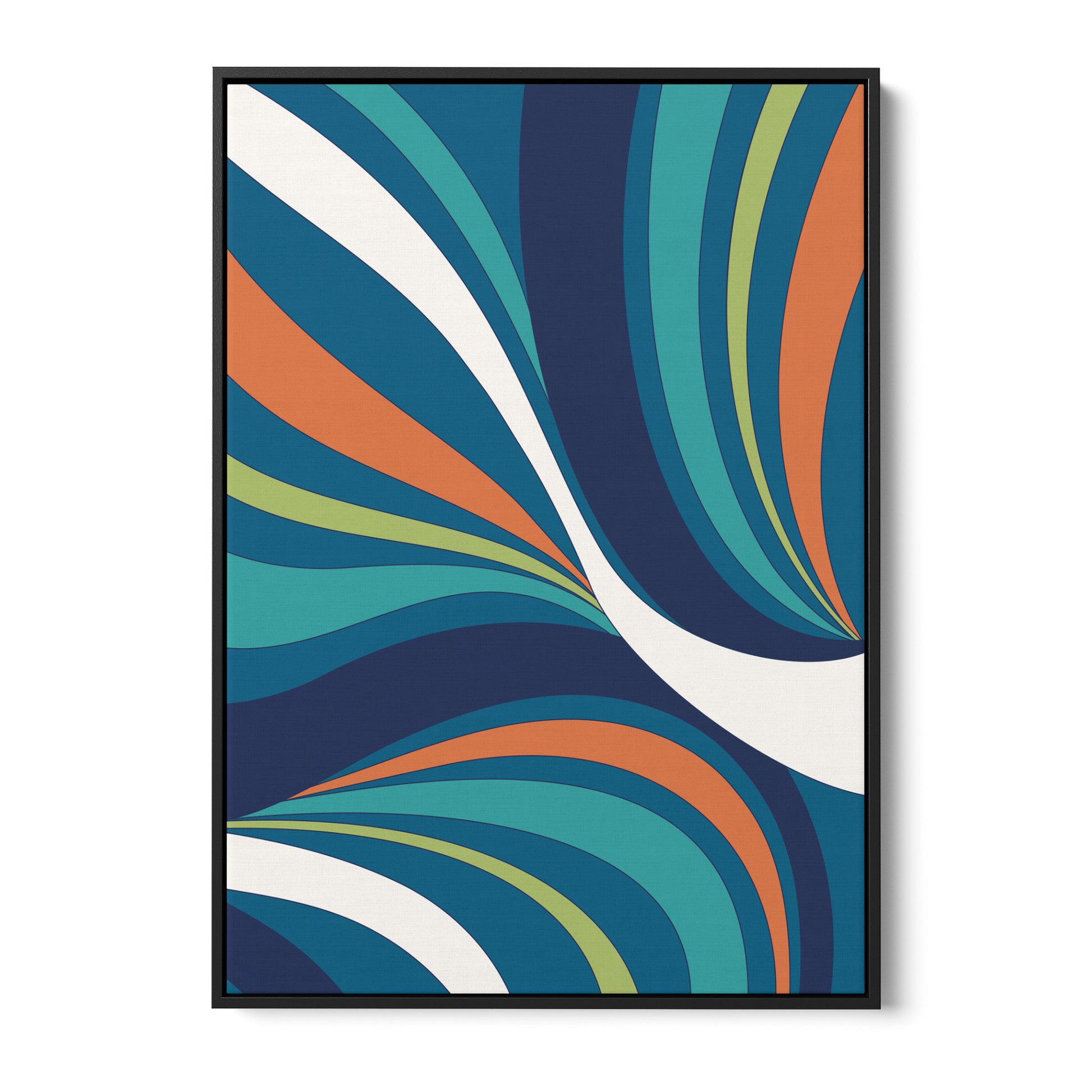 Dynamic abstract wall art - flowing curved bands in teal, navy, pistachio and orange with hypnotic movement, framed print front view