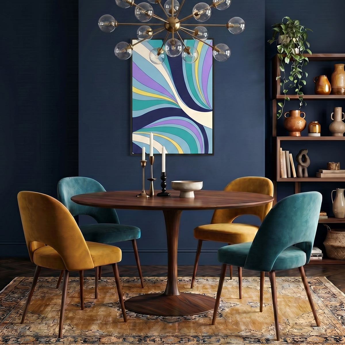 A styled dining room scene featuring a round wooden table surrounded by four upholstered chairs in mustard yellow, teal, and olive green, set on a patterned rug against a dark navy wall with the River Sky Blue abstract art print and shelving.