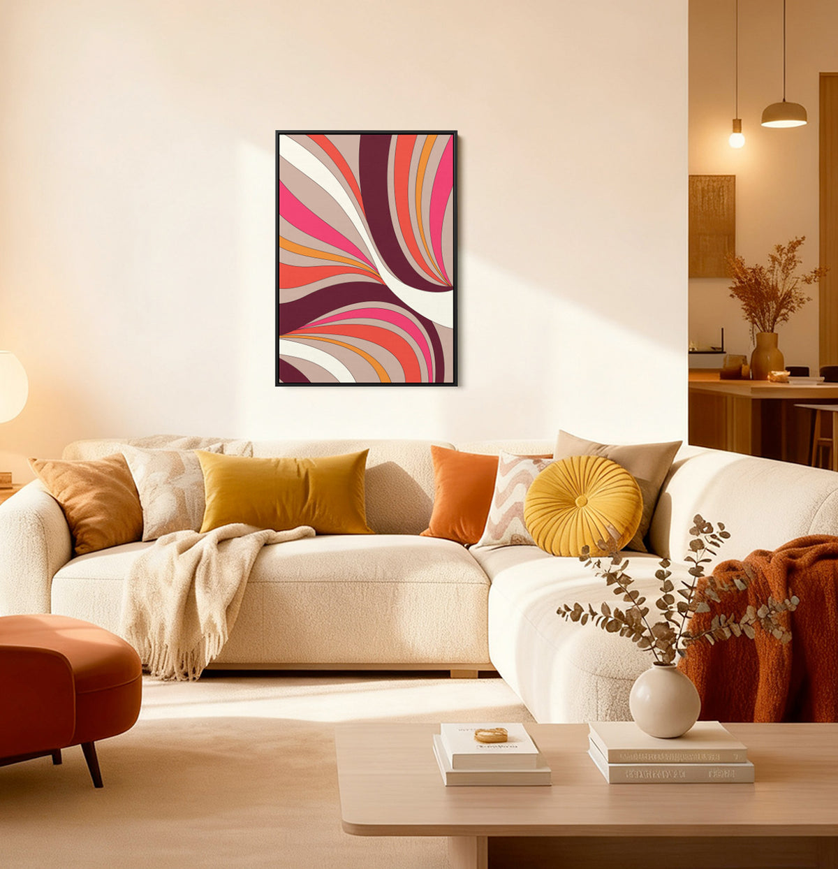 River Taupe abstract wall art print with flowing curved bands of burgundy, coral, hot pink, and tangerine sweeping across a soft taupe ground in graceful, organic waves. 